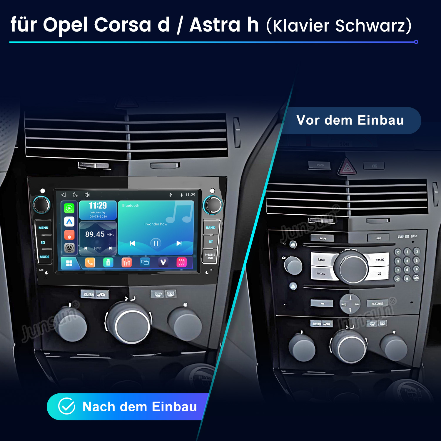 Porównanie radia samochodowego: Przed i po instalacji Opel Corsa/Astra.