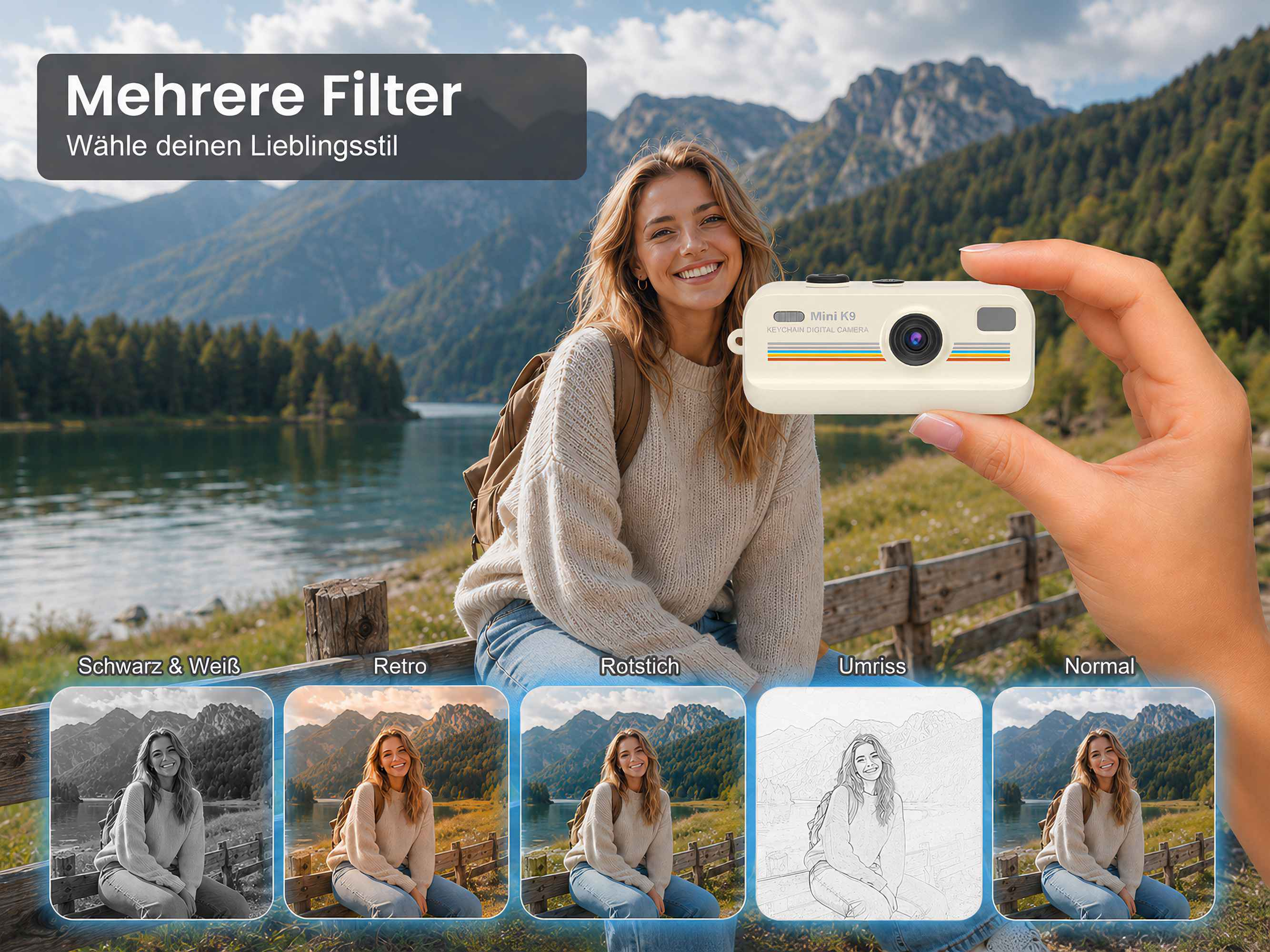 Frau sitzt vor einem See in den Bergen, während eine Hand eine Mini-Kamera hält und fünf verschiedene Filter zeigt.