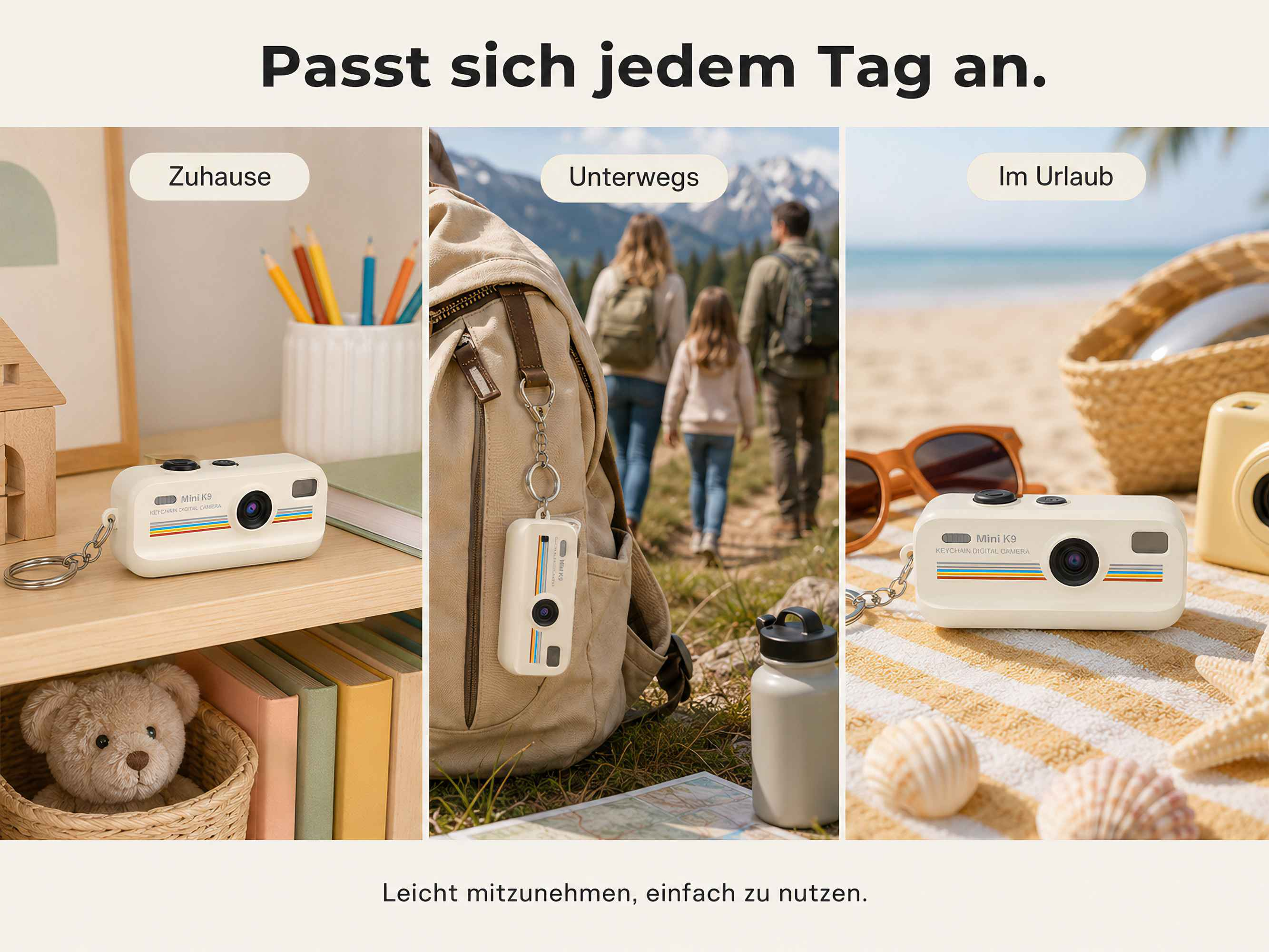 Drei Szenen: Kamera zuhause, unterwegs & am Strand. Kleine Kamera mit Schlüsselanhänger.