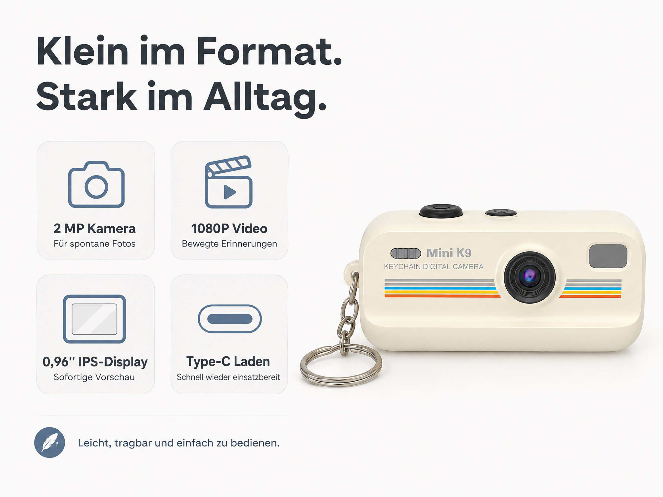 Mini-Digitalkamera mit Schlüsselring und vier Symbolen für Funktionen wie Kamera, Video, Display und Laden.