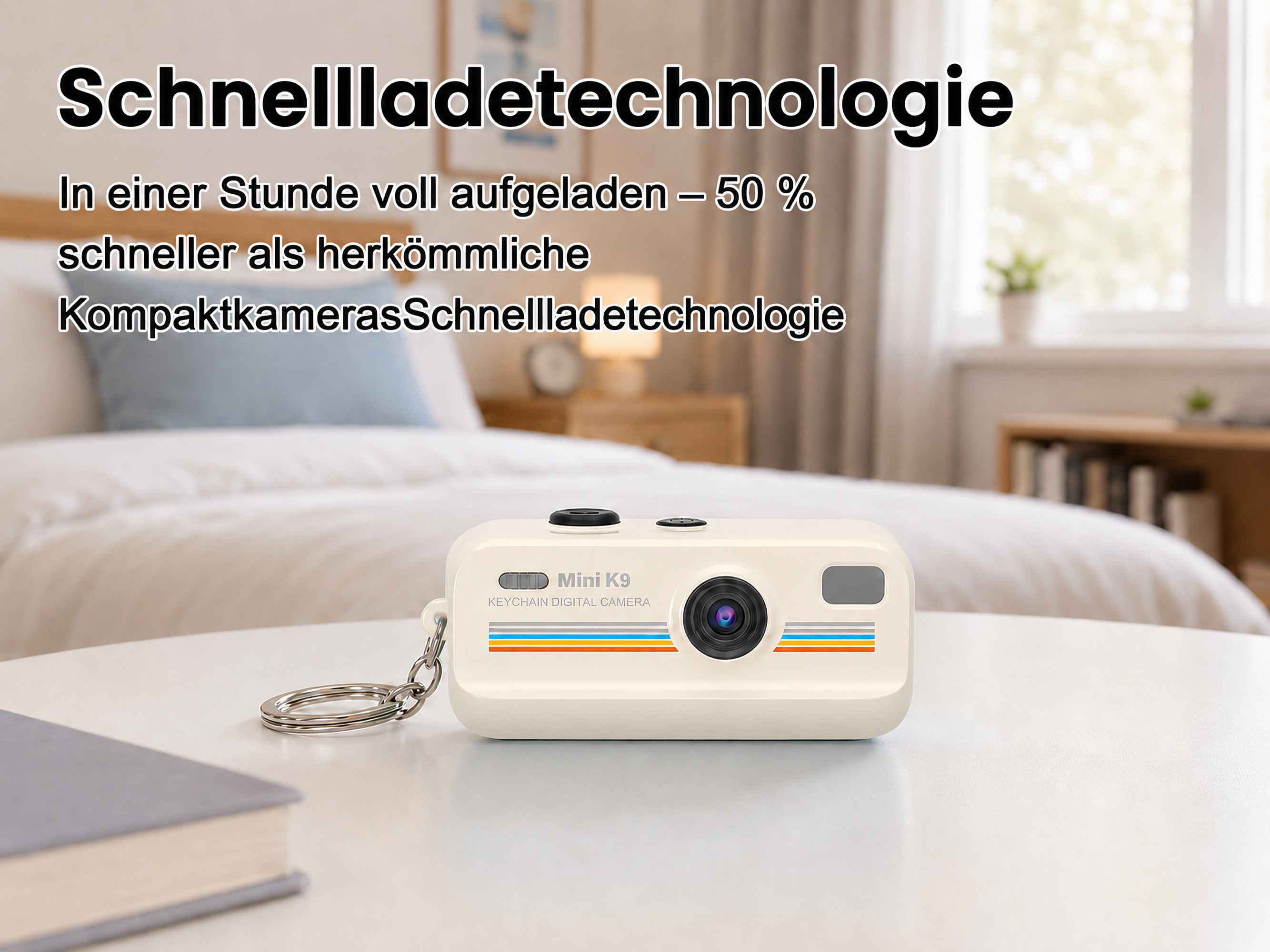 Kompakte weiße Digitalkamera mit Schlüsselanhänger, auf einem Tisch.