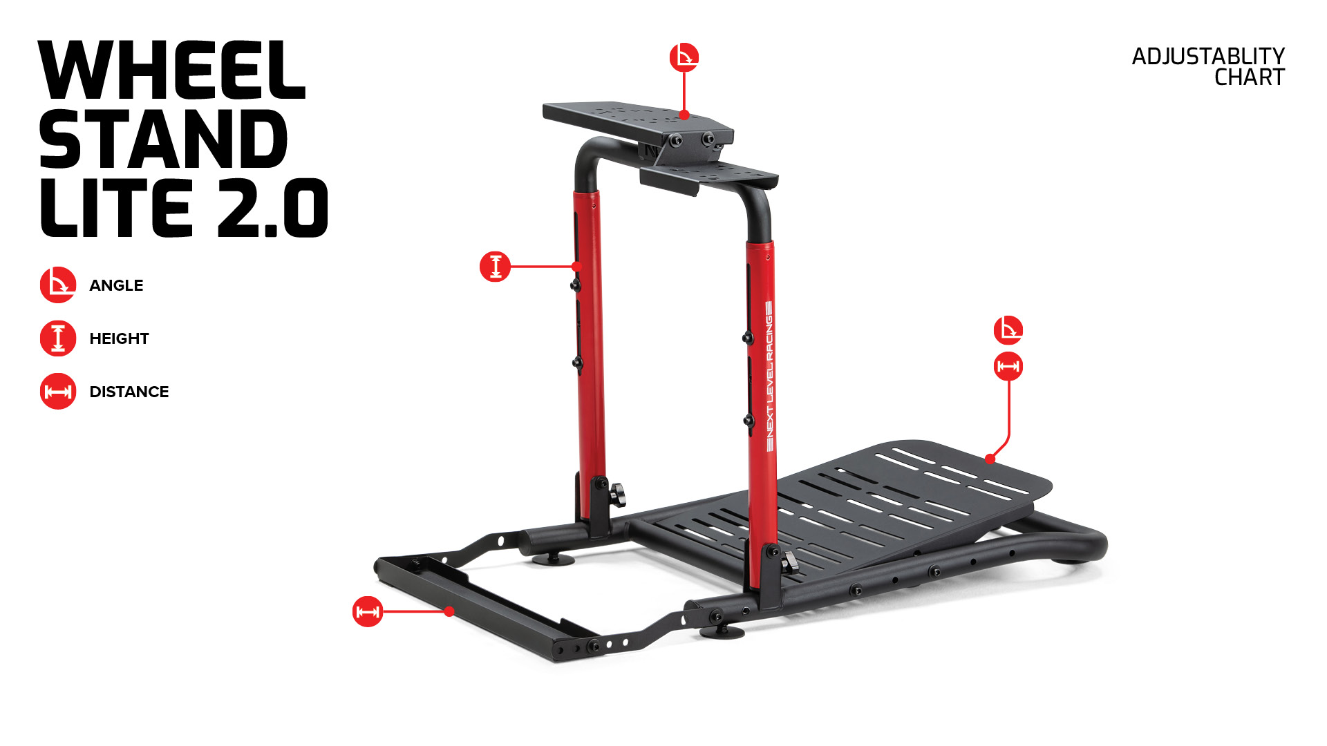 Wheel Stand Lite 2.0 rosso e nero mostra regolazioni per angolo, altezza e distanza.