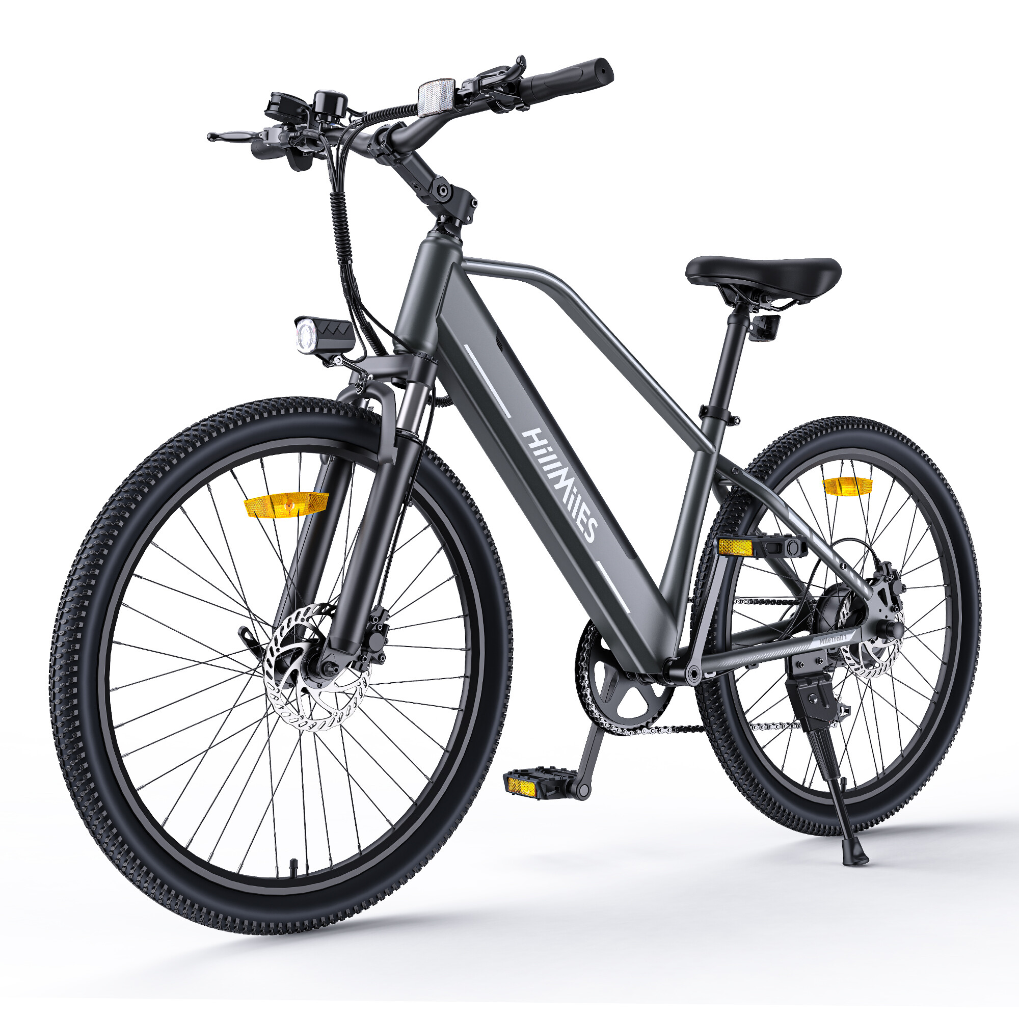Una mountain bike elettrica grigia con pneumatici neri, freni a disco e logo bianco sul telaio.