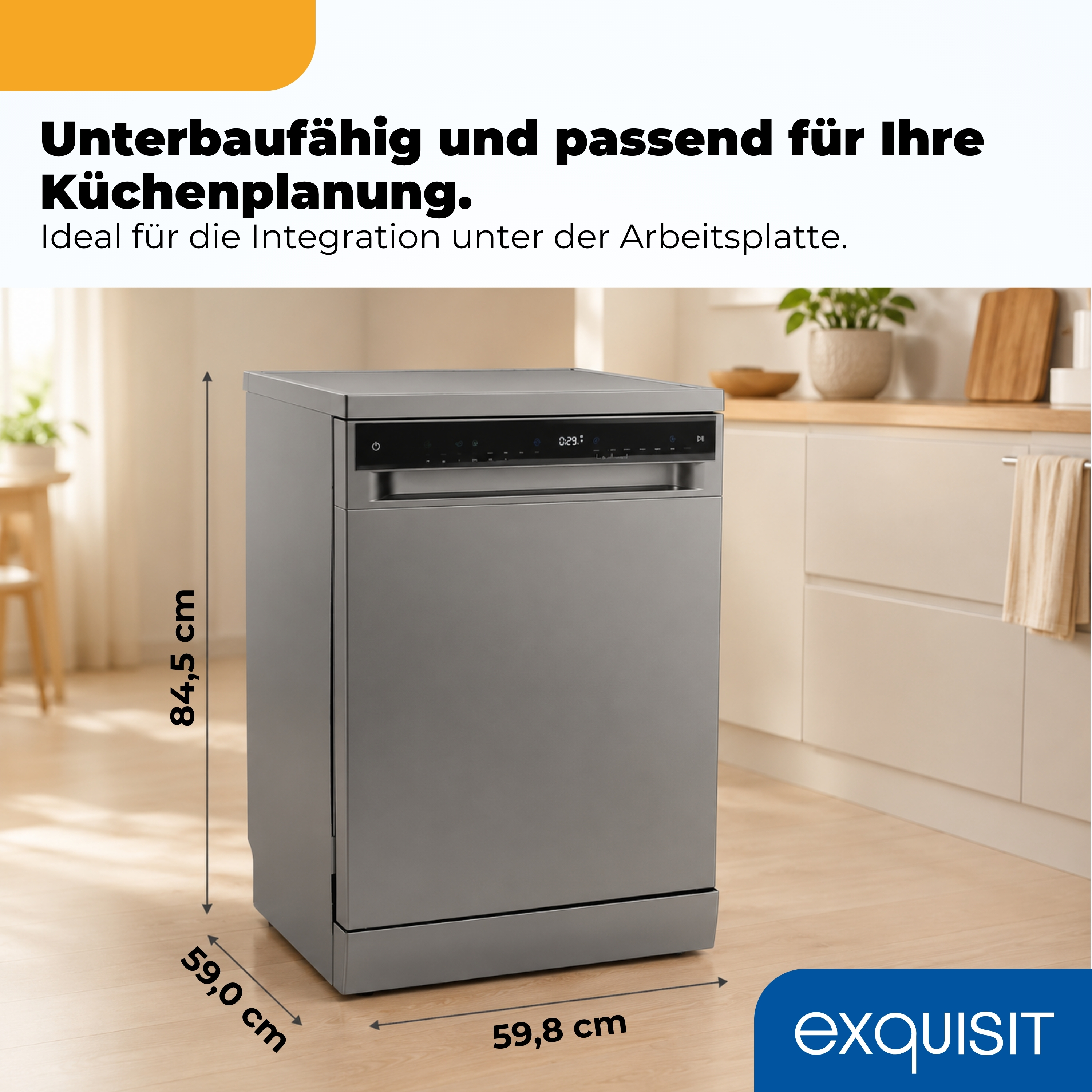 Grauer Unterbau-Geschirrspüler mit Bedienfeld und Maßen 84,5x59x59,8 cm.