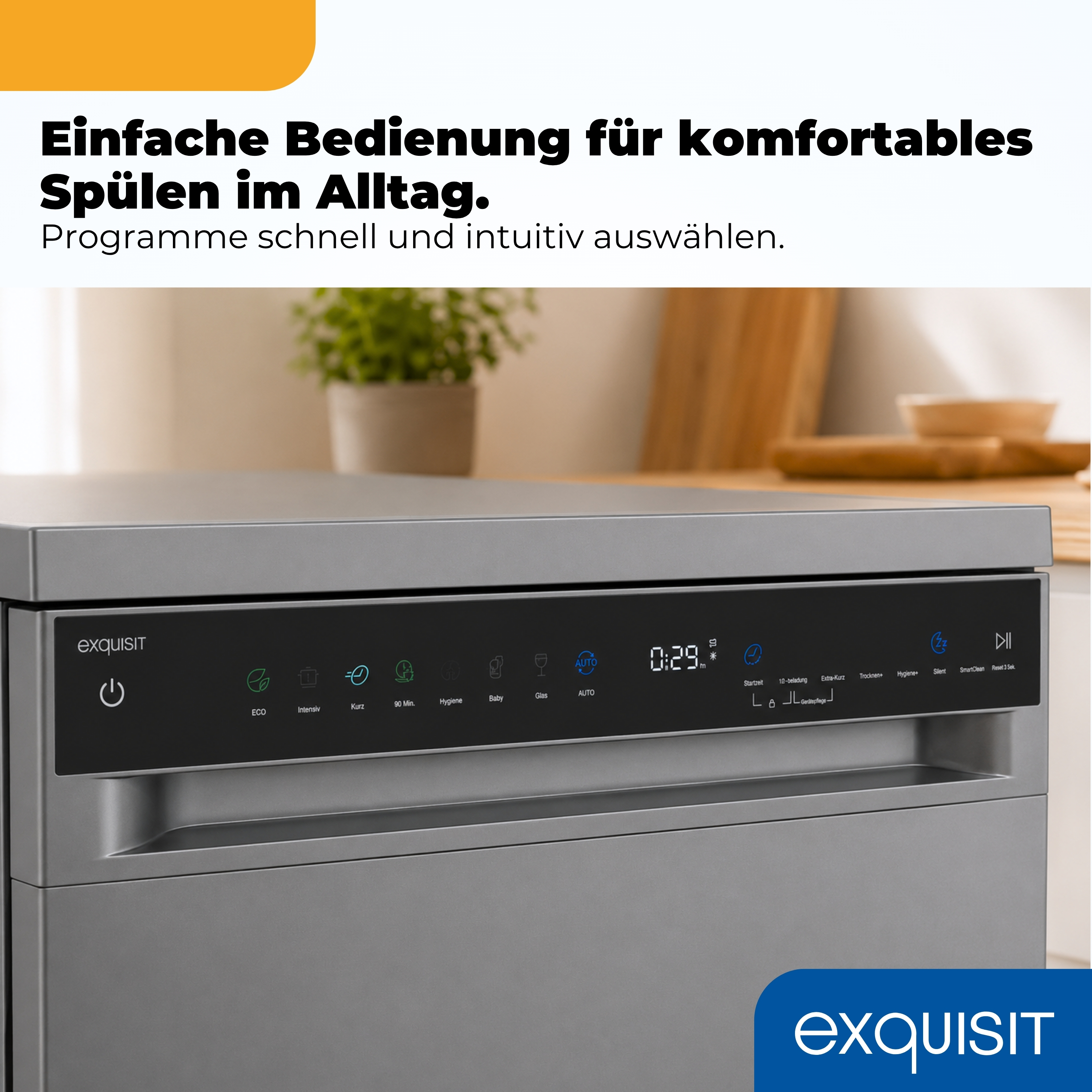Graue Exquisit Spülmaschine mit digitalem Bedienfeld und Text darüber in einer modernen Küche.