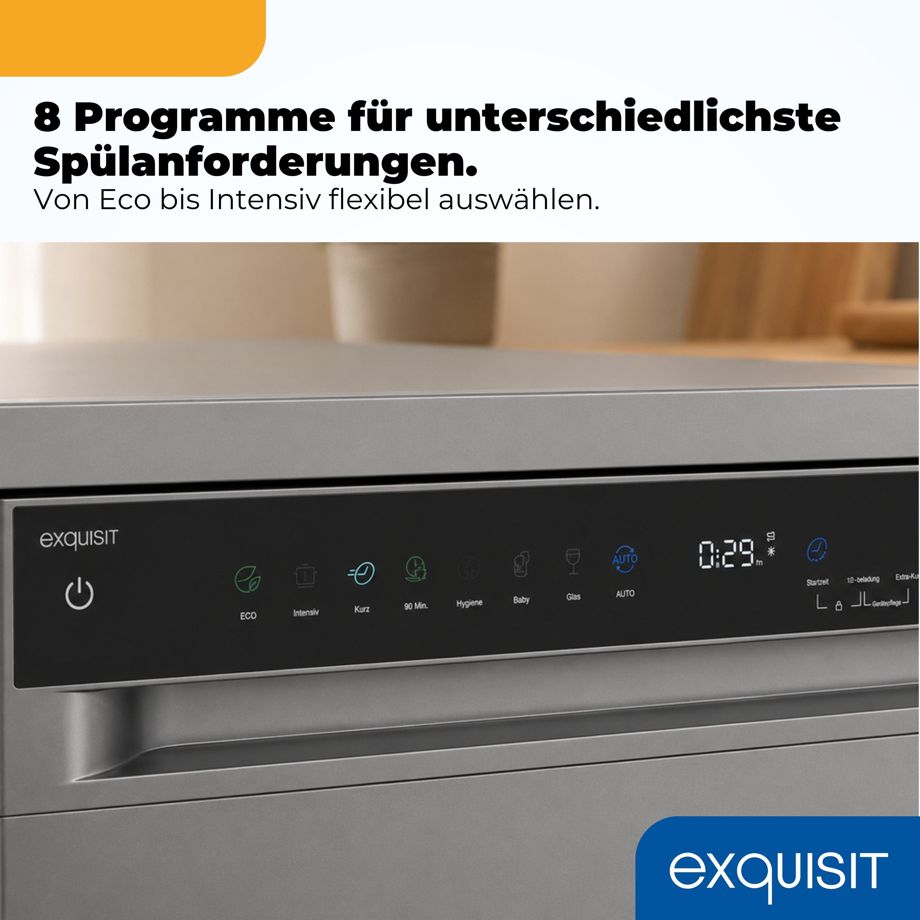 Geschirrspüler-Bedienfeld mit Programmen wie Eco, Intensiv, Kurz, Baby & Glas.