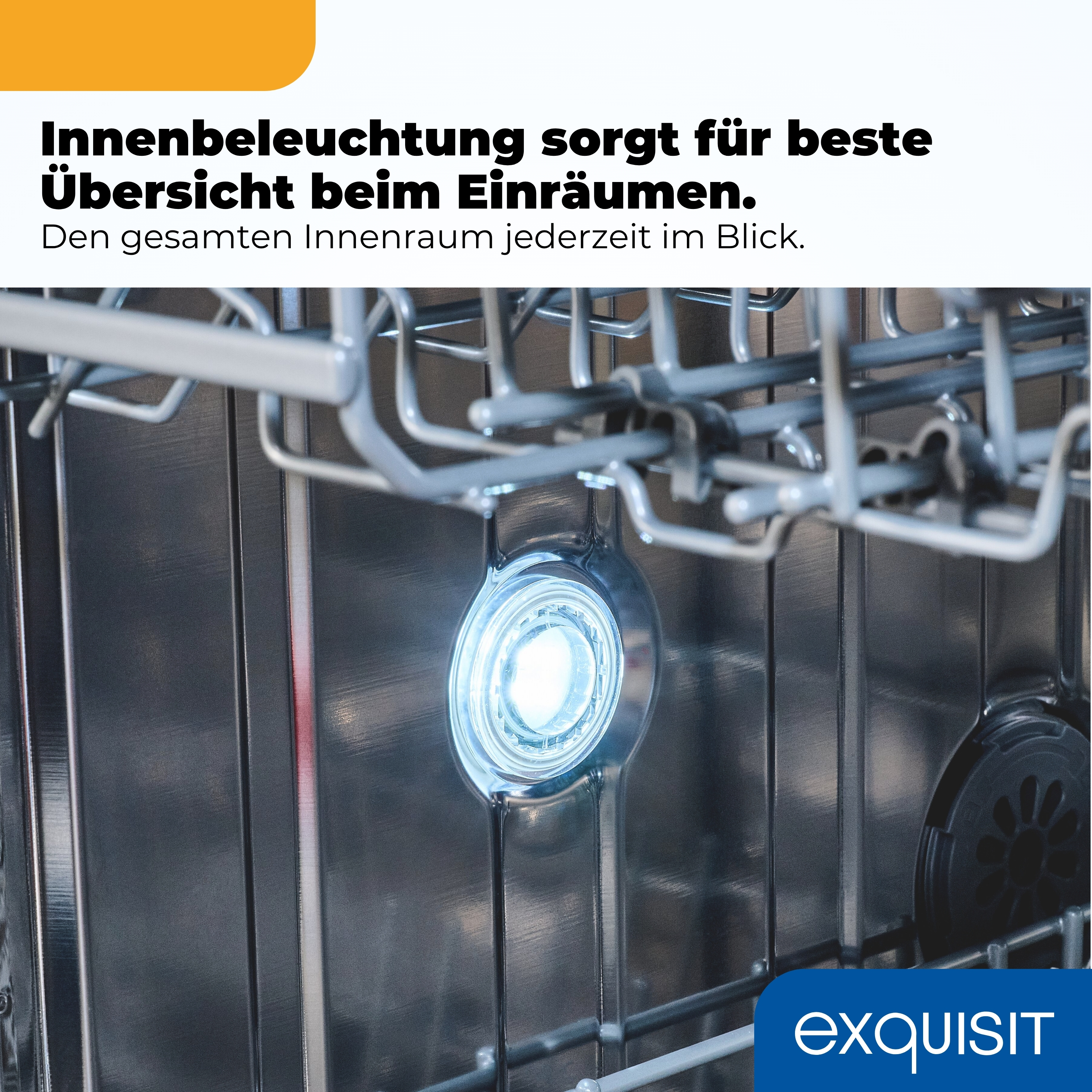 Innenbeleuchtung einer Spülmaschine mit Metallkorb und hellem LED-Licht.