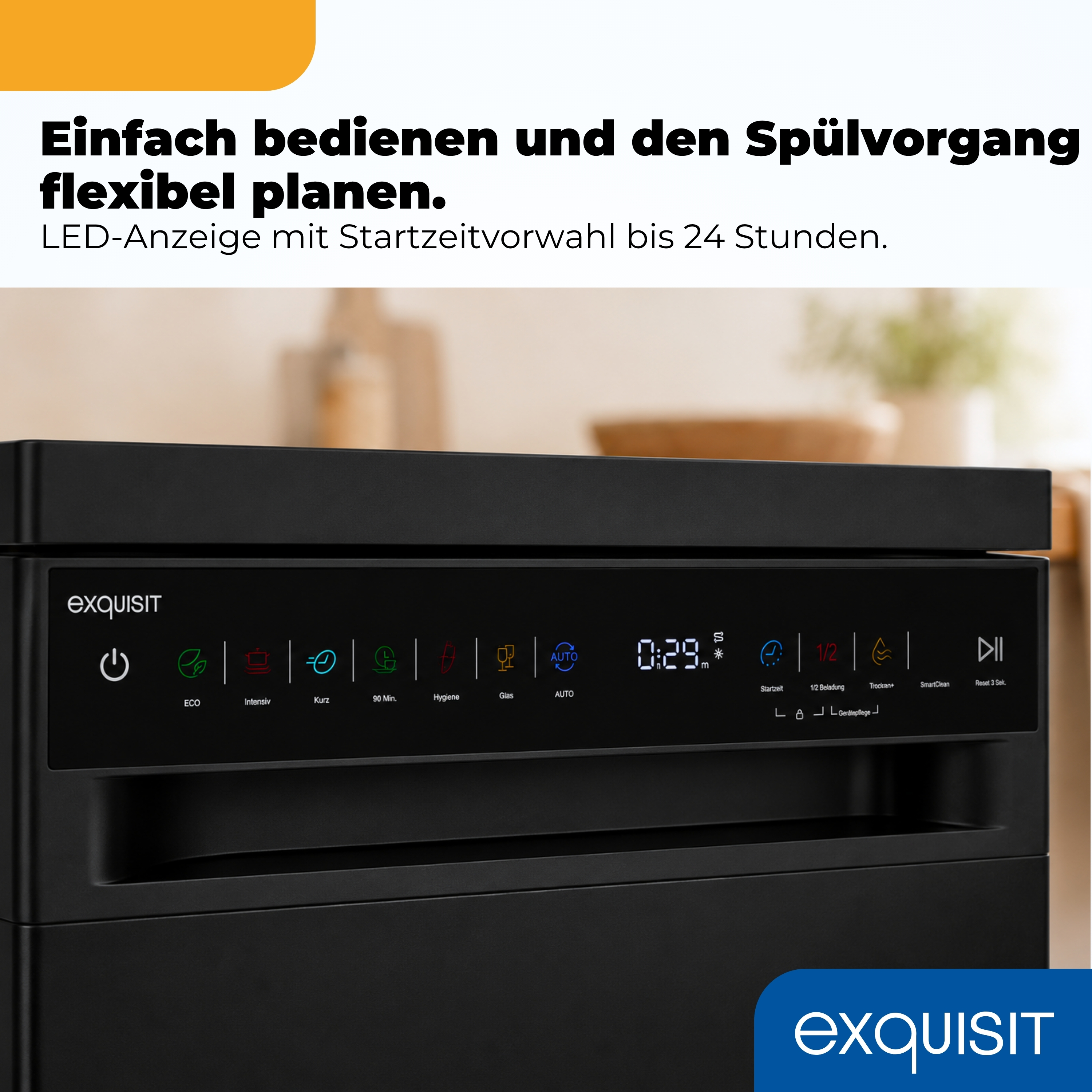 Schwarze Spülmaschine mit LED-Anzeige und Touch-Bedienfeld, oben deutscher Werbetext und unten das Exquisit-Logo.