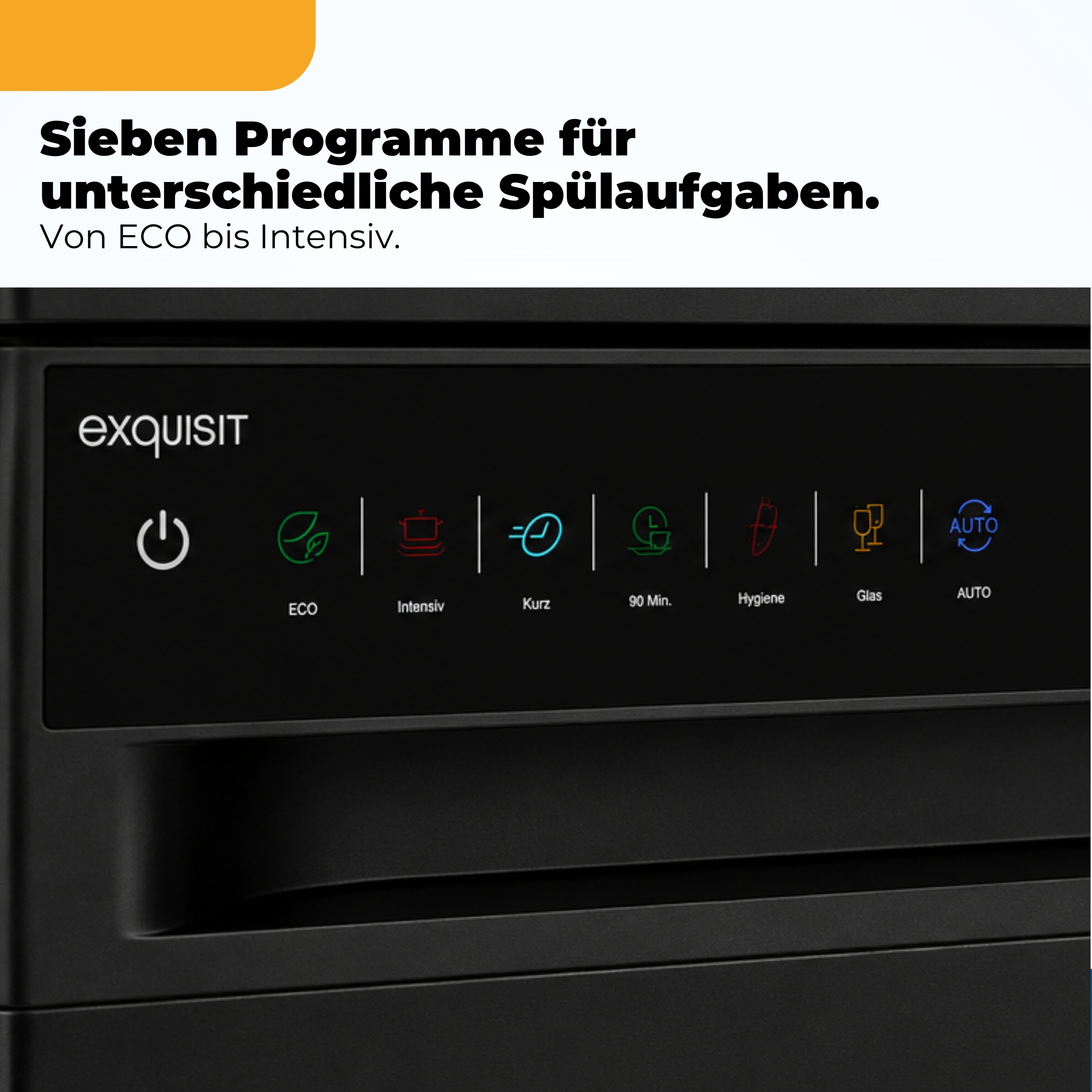 Bedienfeld einer Spülmaschine mit sieben Programmsymbolen: ECO, Intensiv, Kurz, 90 Min., Hygiene, Glas, AUTO.