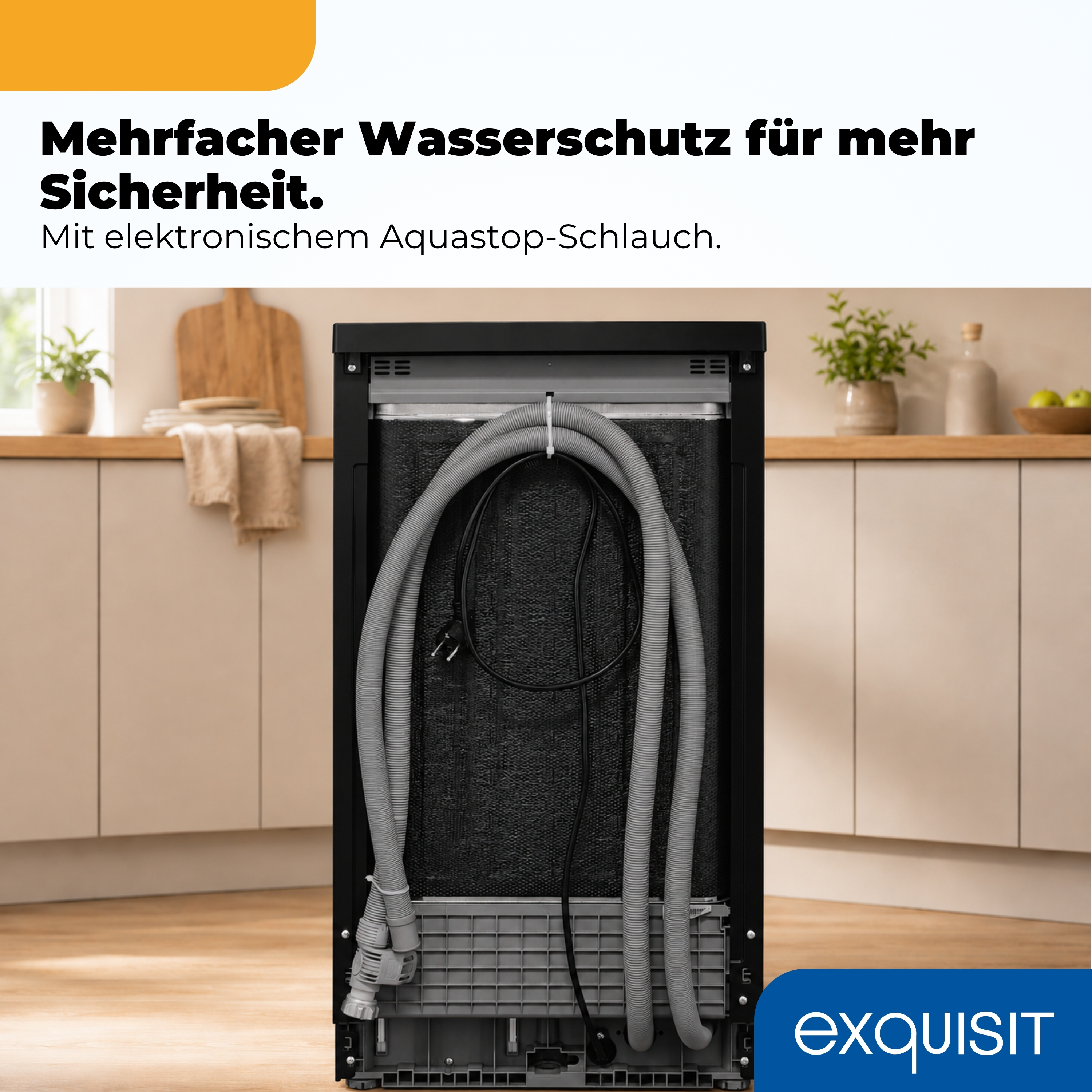 Rückseite einer schwarzen Spülmaschine mit Text über Wasserschutz und Aquastop-Schlauch.