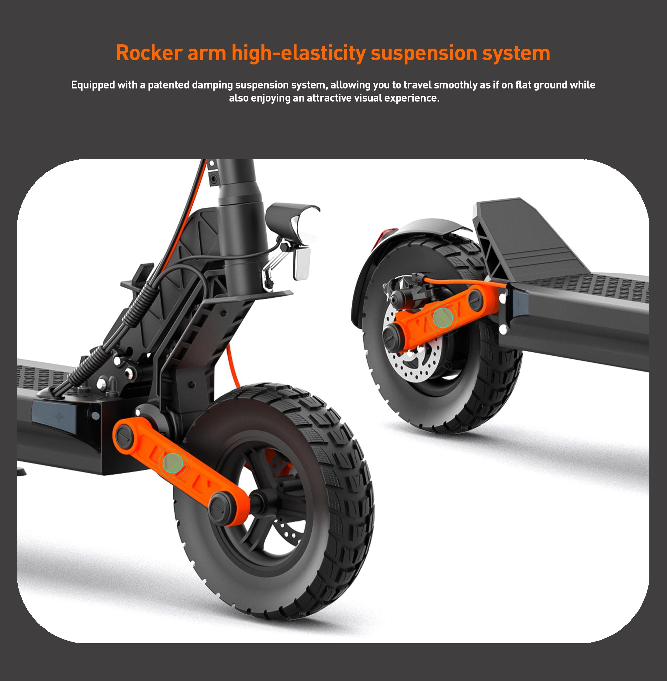 Detailansicht eines E-Scooters mit orangefarbener Federung und Reifen.