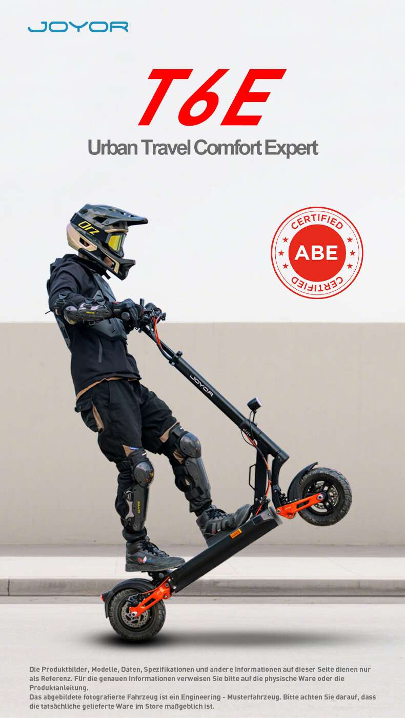 Ein Fahrer mit Schutzkleidung führt auf einem schwarzen Joyor T6E E-Scooter einen Stunt aus.