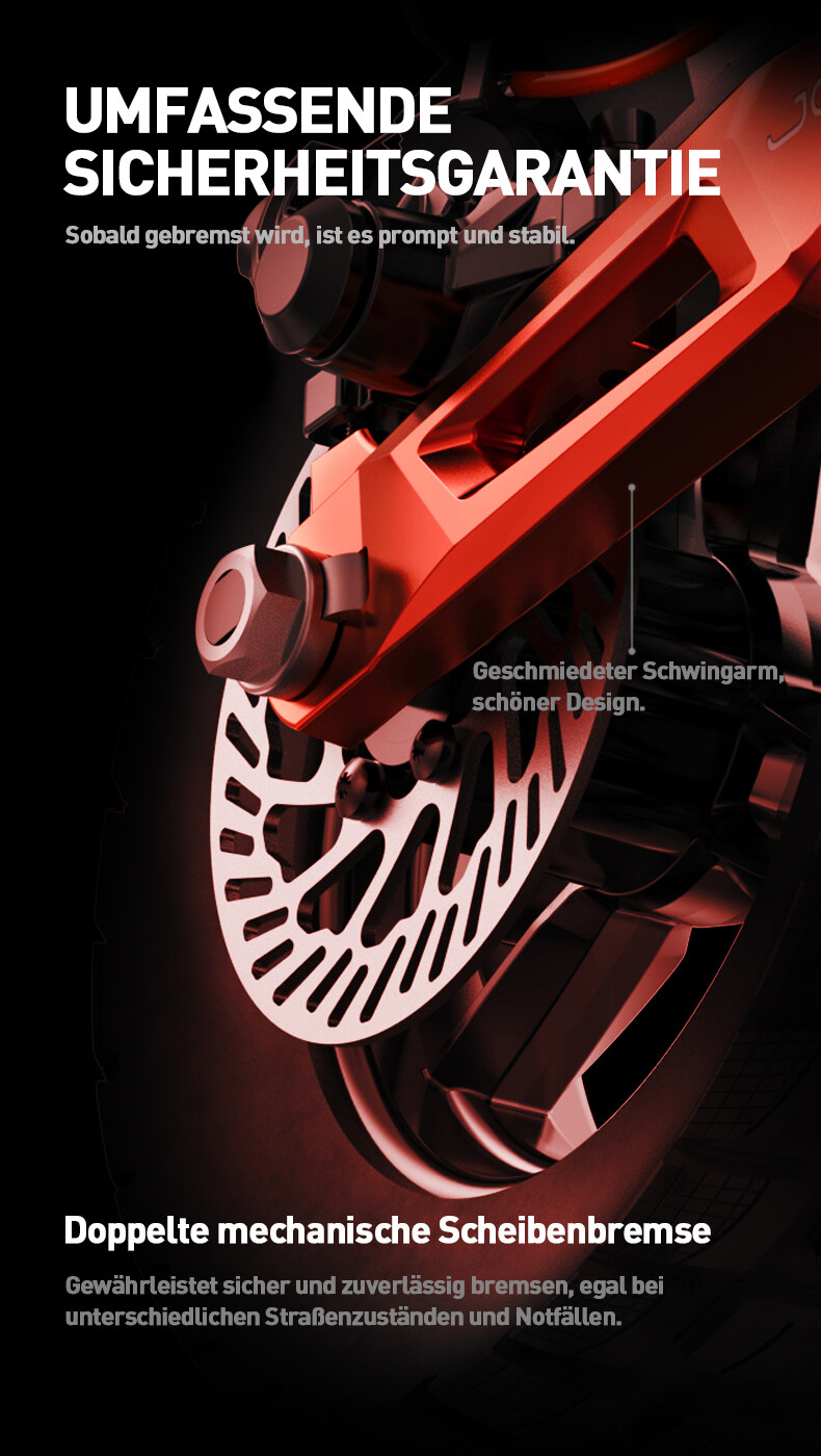Nahaufnahme einer roten mechanischen Scheibenbremse und eines geschmiedeten Schwingarms an einem Roller.