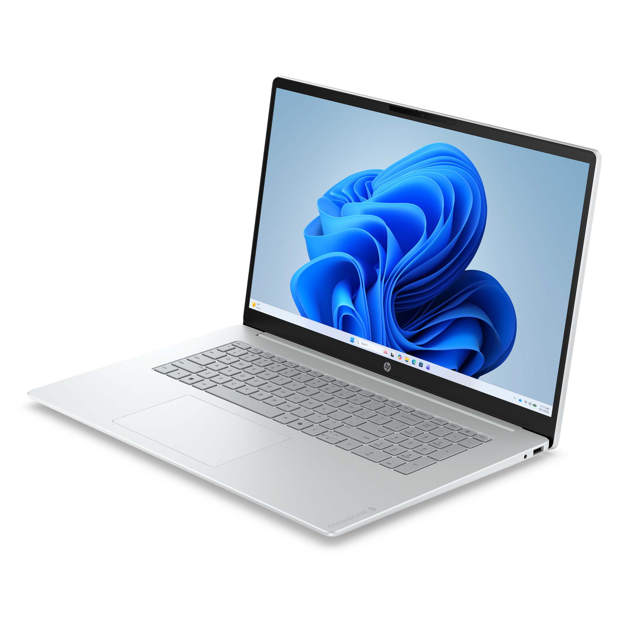 Ein silberner Laptop mit einem blauen Hintergrund auf dem Bildschirm.