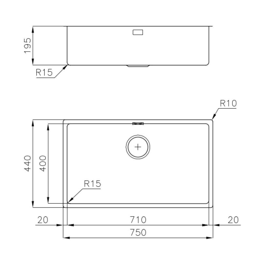 Disegno tecnico di un lavello con dimensioni: 750x440mm.