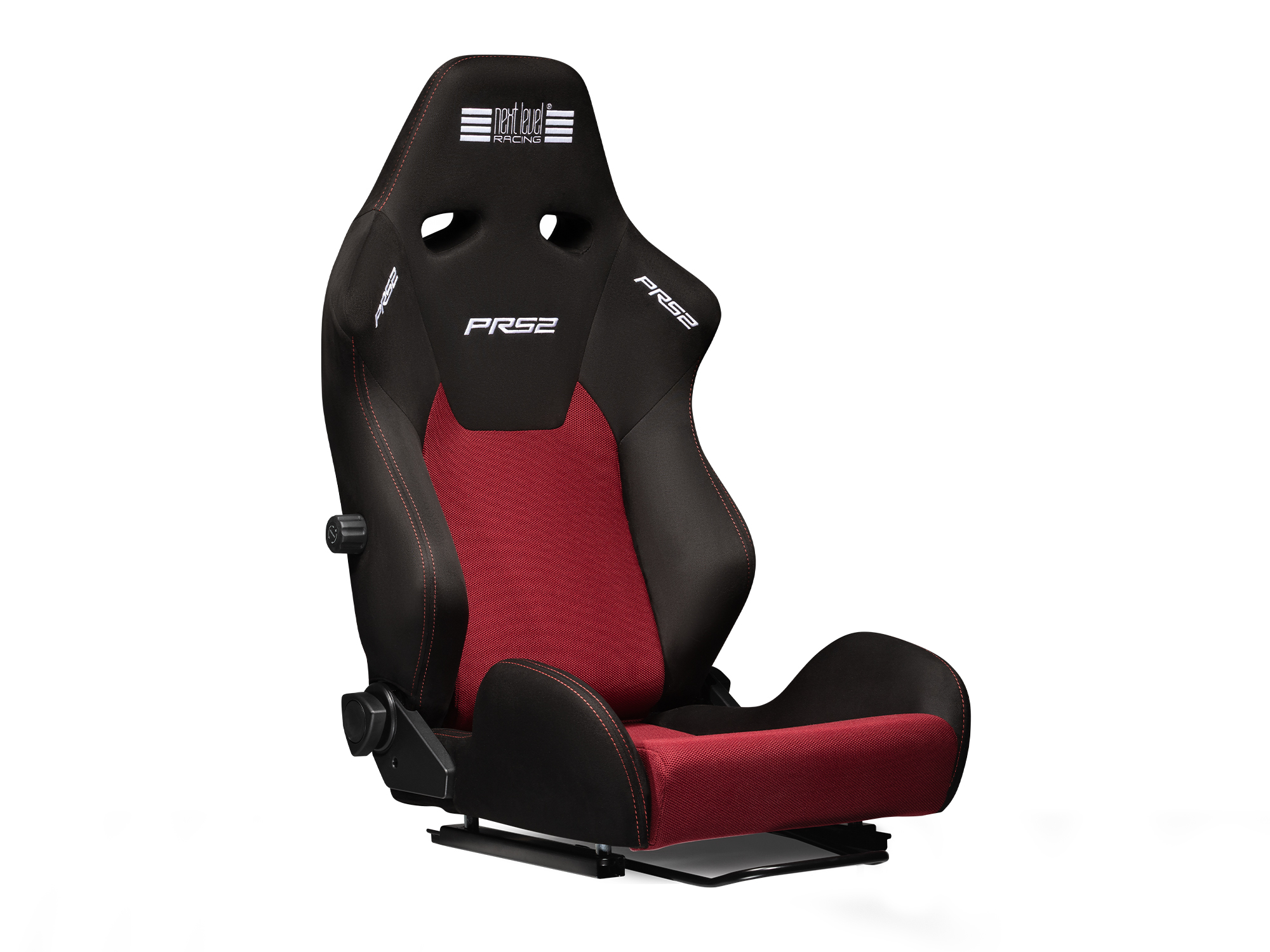 Sedile di guida Next Level Racing PRS2 nero e rosso con logo bianco, su sfondo bianco.
