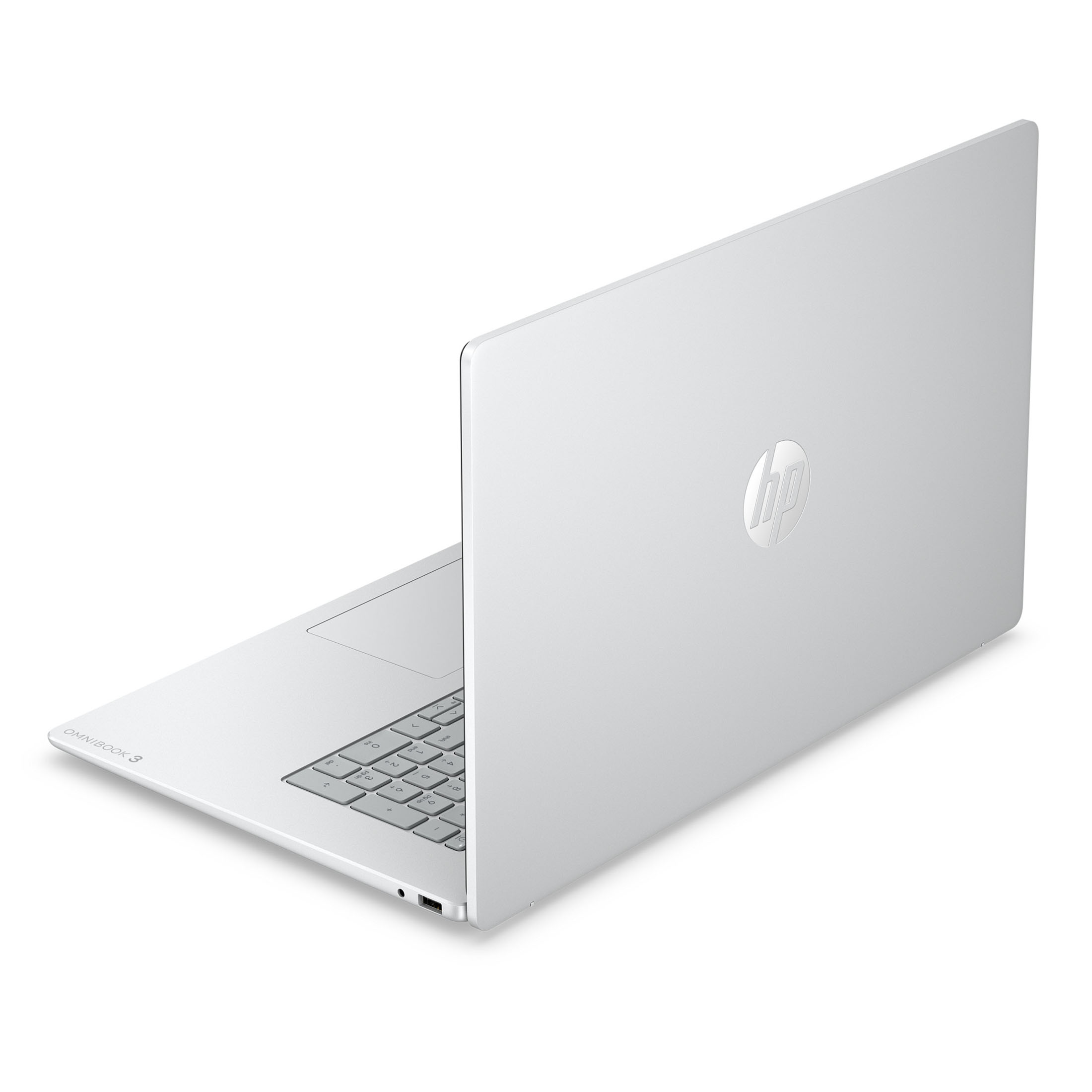Ein offenes silbernes HP Laptop mit Tastatur und Touchpad.