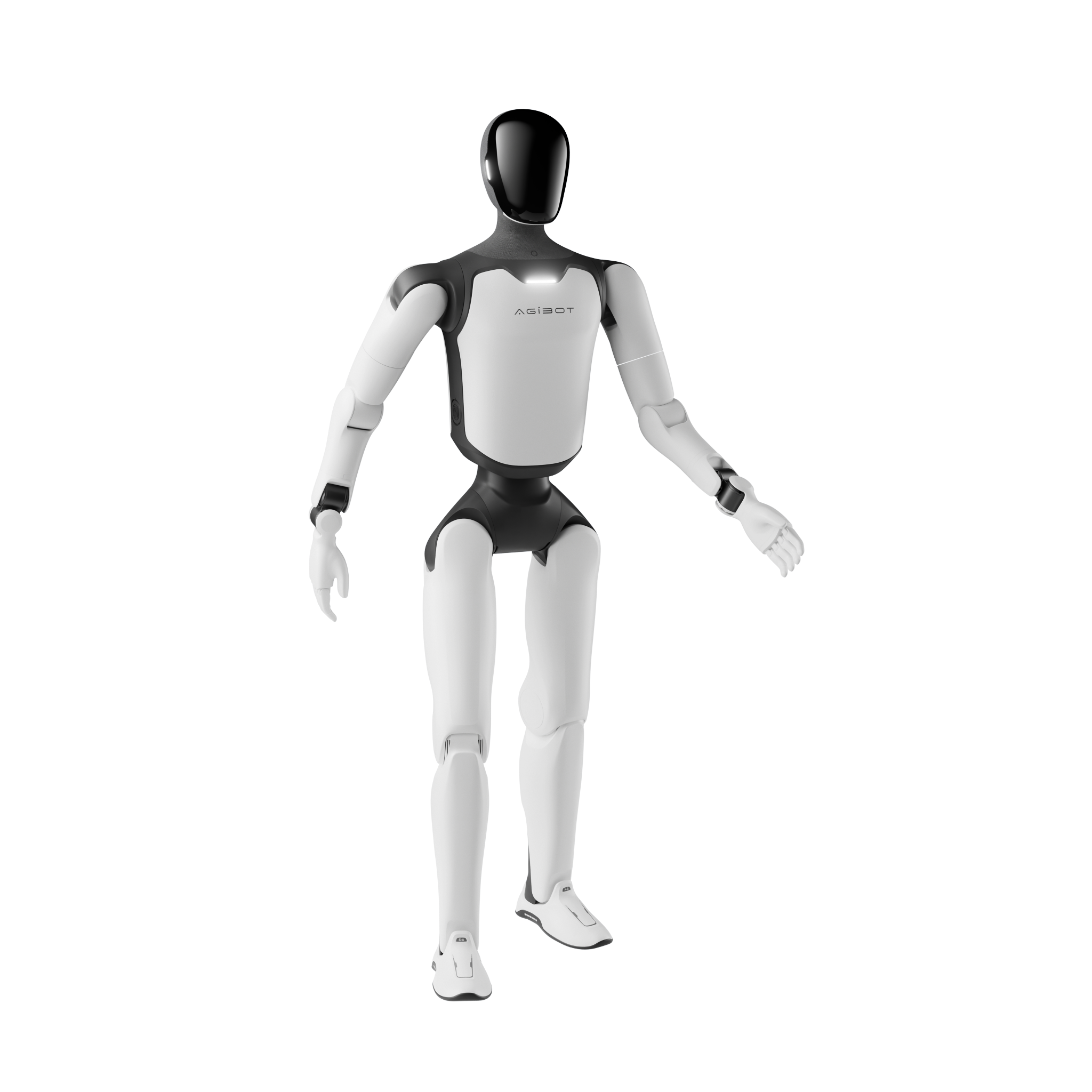 Ein humanoider Roboter in Weiß und Schwarz steht vor schwarzem Hintergrund.