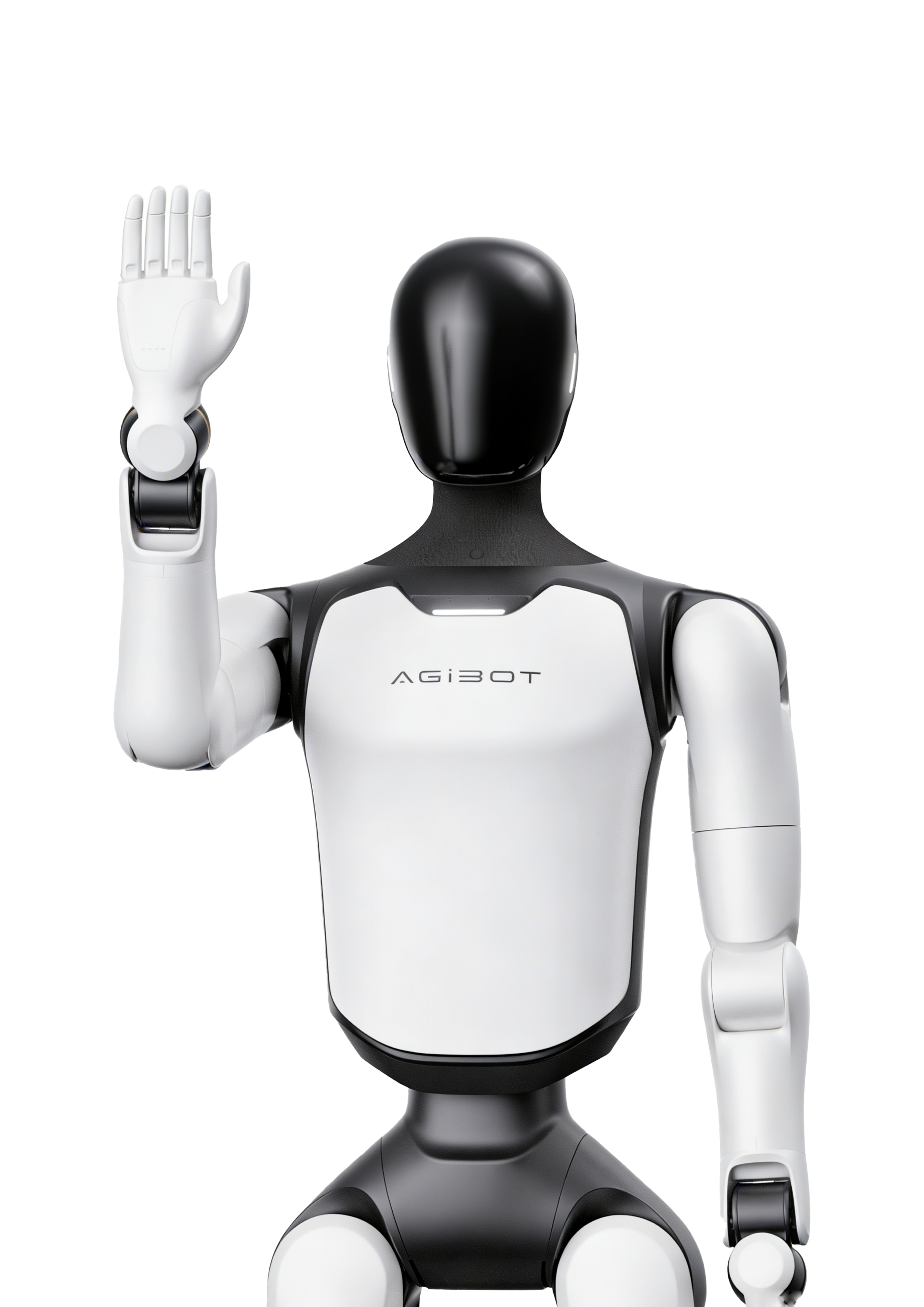 Ein humanoider Roboter mit schwarzem Kopf hebt seine weiße Hand.