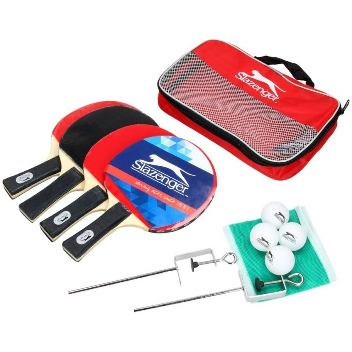 Un set da ping pong Slazenger con quattro racchette, tre palline, rete e morsetti.