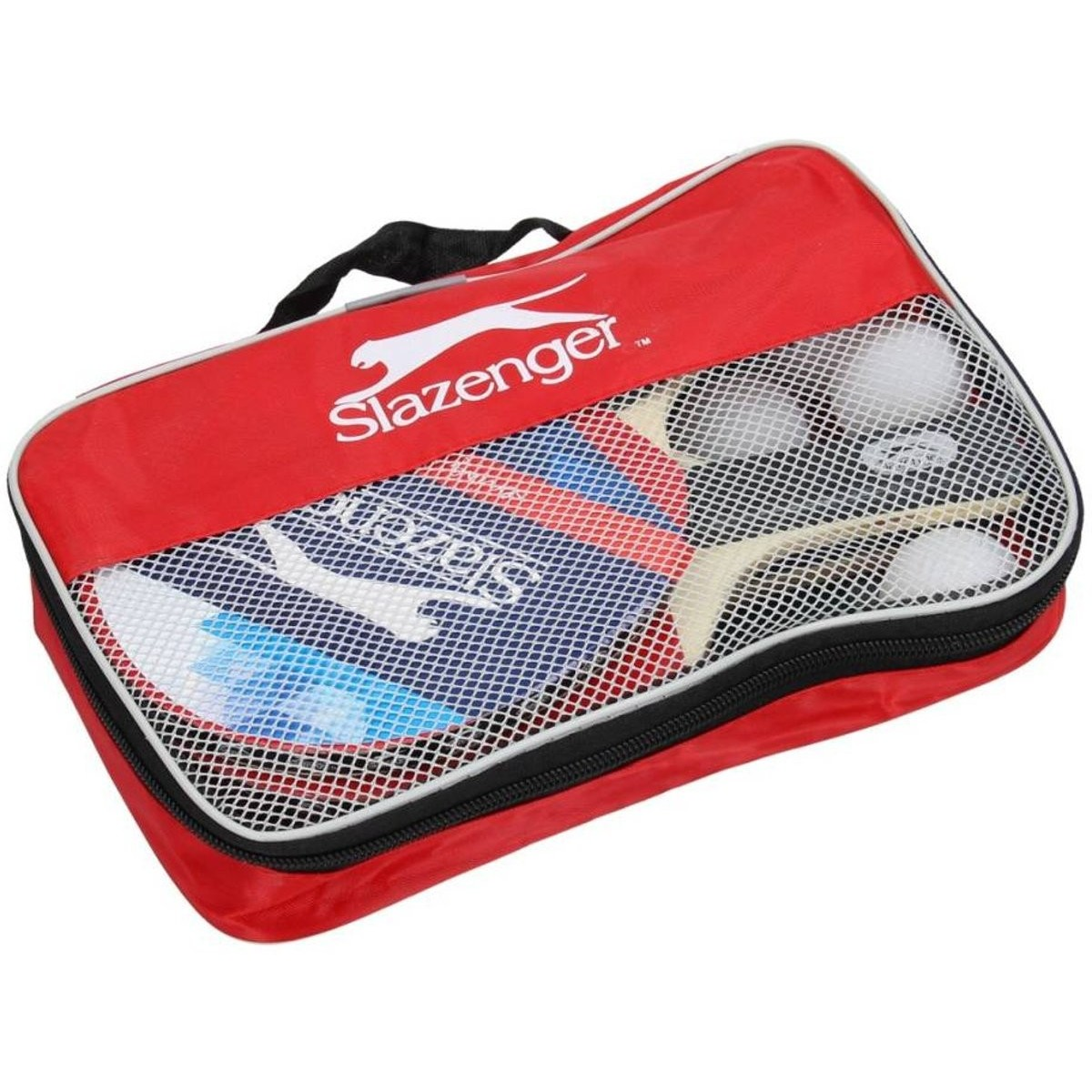 Borsa sportiva Slazenger rossa con parte anteriore in rete che mostra palline, tee e mazze.