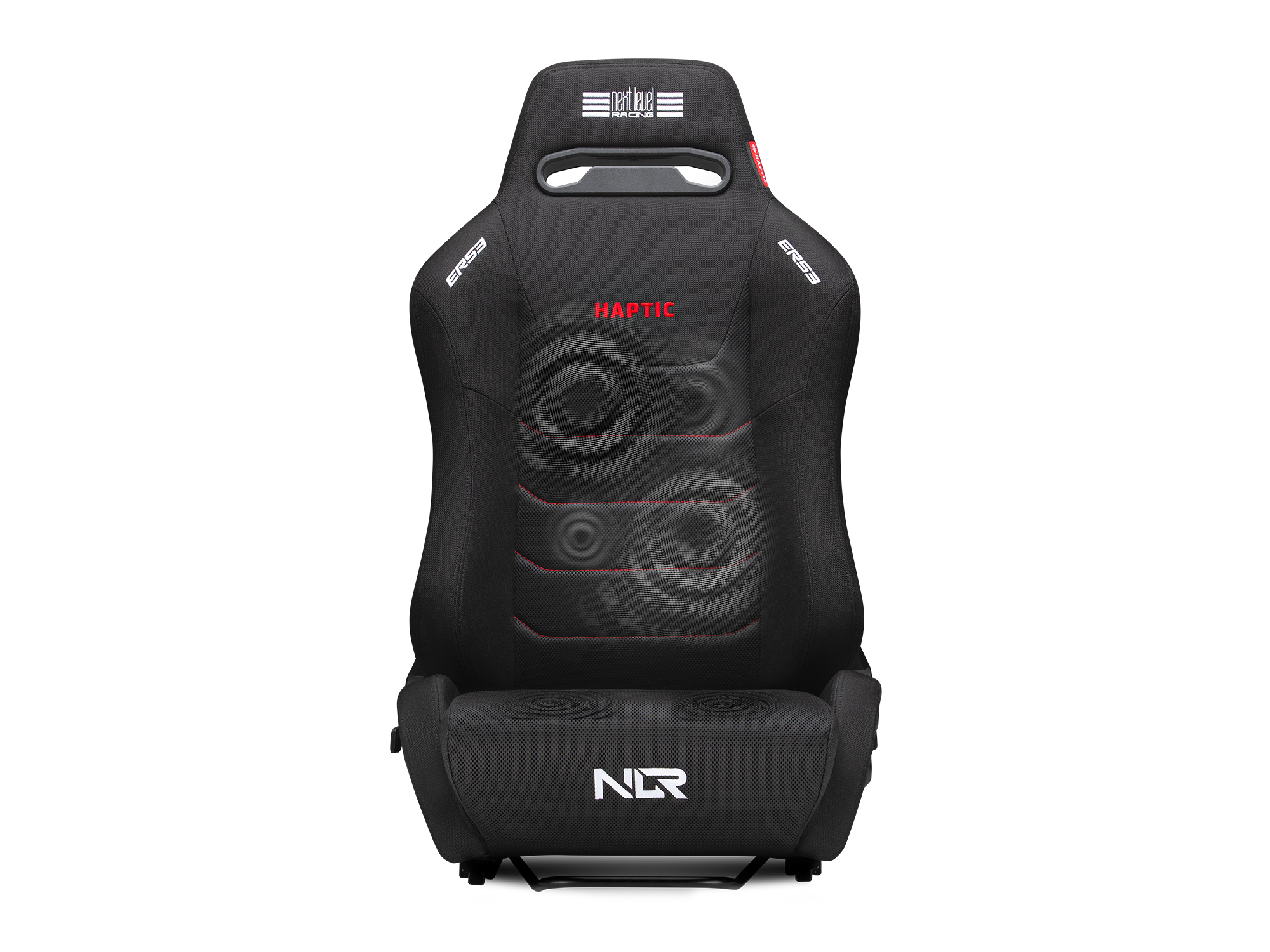 Zwart racestoel met rode "HAPTIC" tekst en "next level RACING" logo.