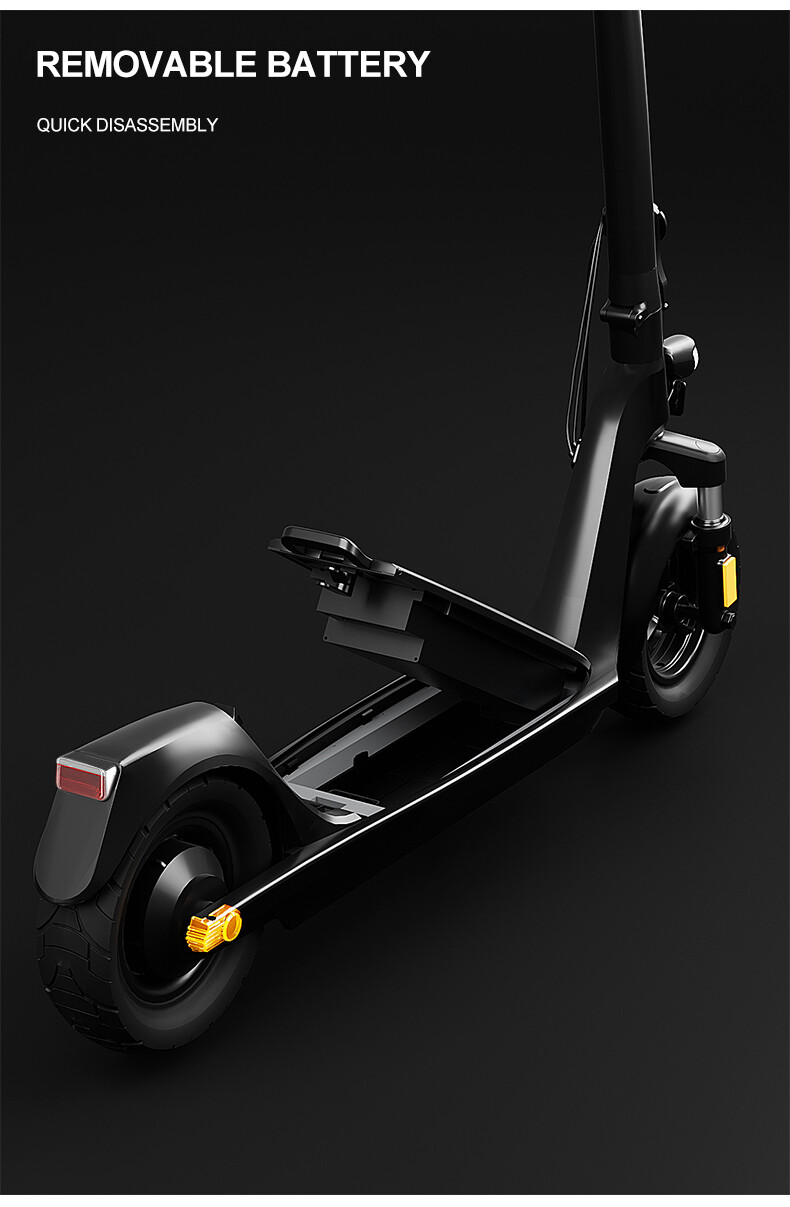 Ein schwarzer E-Scooter mit herausnehmbarem Batteriefach und Text oben links.