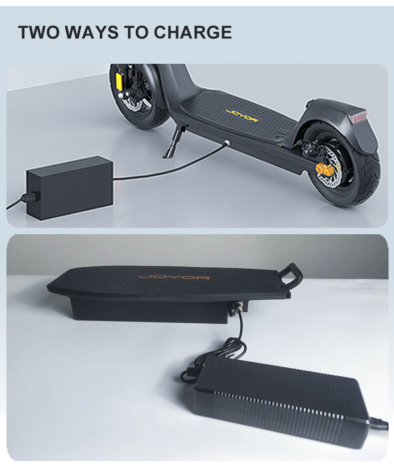 Ein schwarzer Roller wird aufgeladen, einmal am ganzen Roller, einmal nur am Deck.