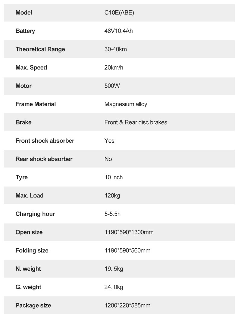 Spezifikationen: Modell C10E(ABE), 48V 10.4Ah Akku, 30-40km Reichweite, 20km/h max. Geschwindigkeit.