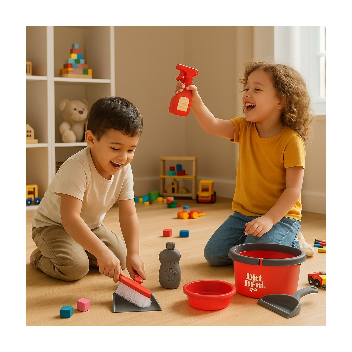 Deux enfants jouent avec des jouets de nettoyage dans une salle de jeux.