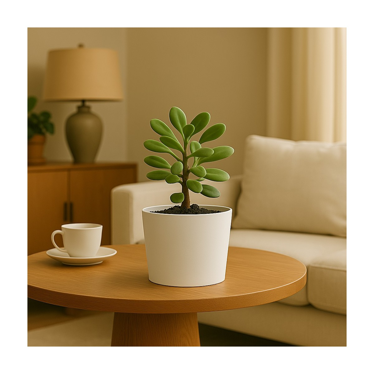 A green plant in a white pot on a wooden table, with a cup next to it.