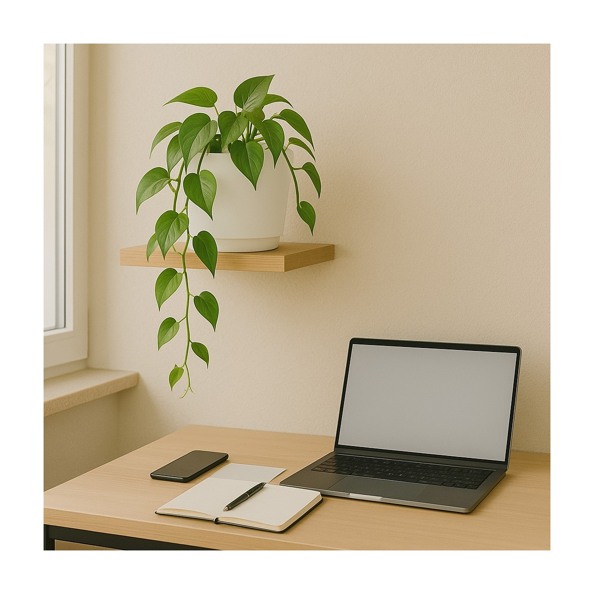 A desk with a laptop, phone, notebook, and pen. A plant hangs from a shelf.