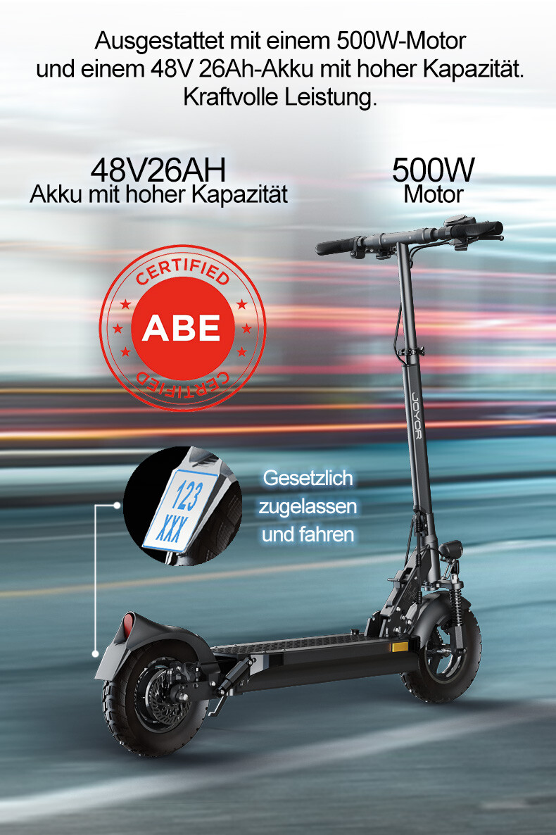 Elektroroller mit 500W Motor, 48V 26Ah Akku, ABE-Siegel und Nummernschild.