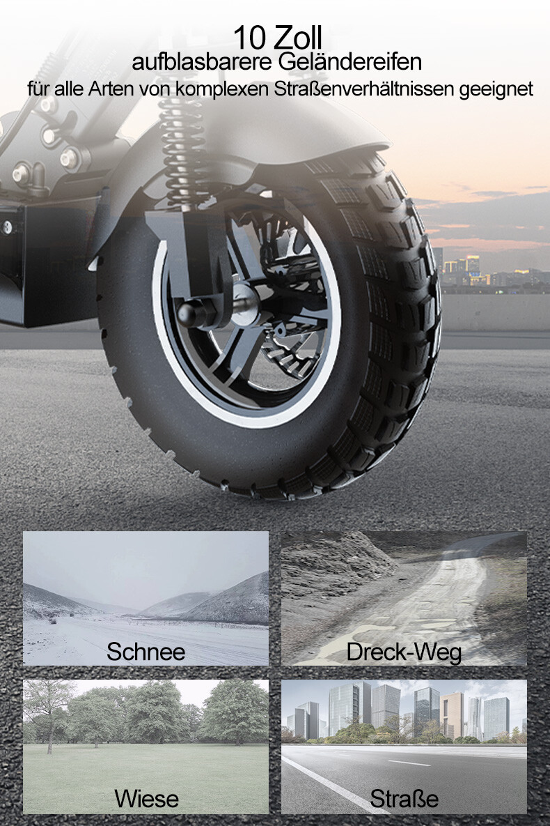 Detailaufnahme eines Reifens mit Text und vier kleinen Bildern von Schnee, Feldweg, Wiese und Straße.
