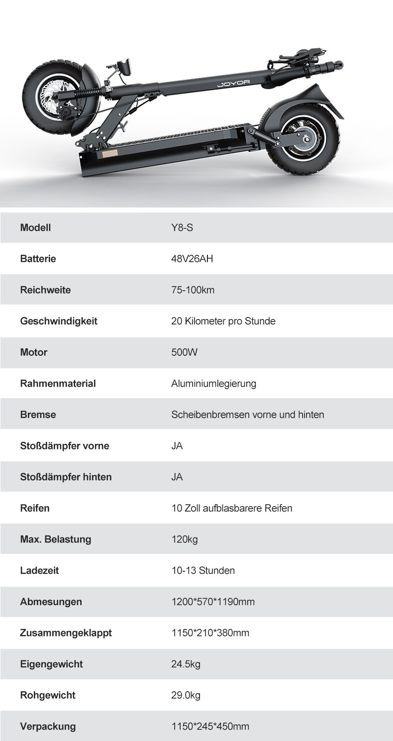 Schwarzer Joyor E-Scooter Modell Y8-S, zusammengeklappt, mit technischen Daten.