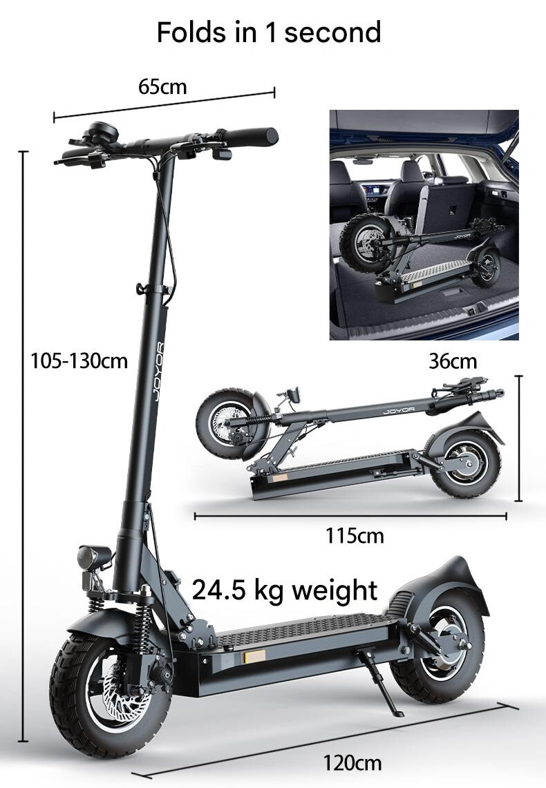 Schwarzer E-Scooter mit Maßen und Klappfunktion, 24,5 kg Gewicht.