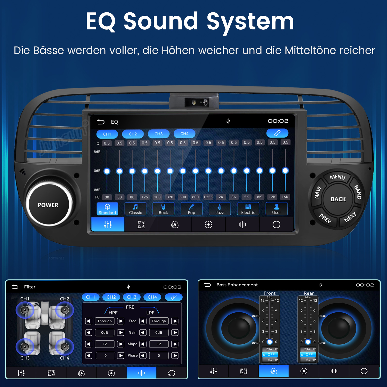 Ein Autoradio-Display mit EQ-, Filter- und Bass-Einstellungen.