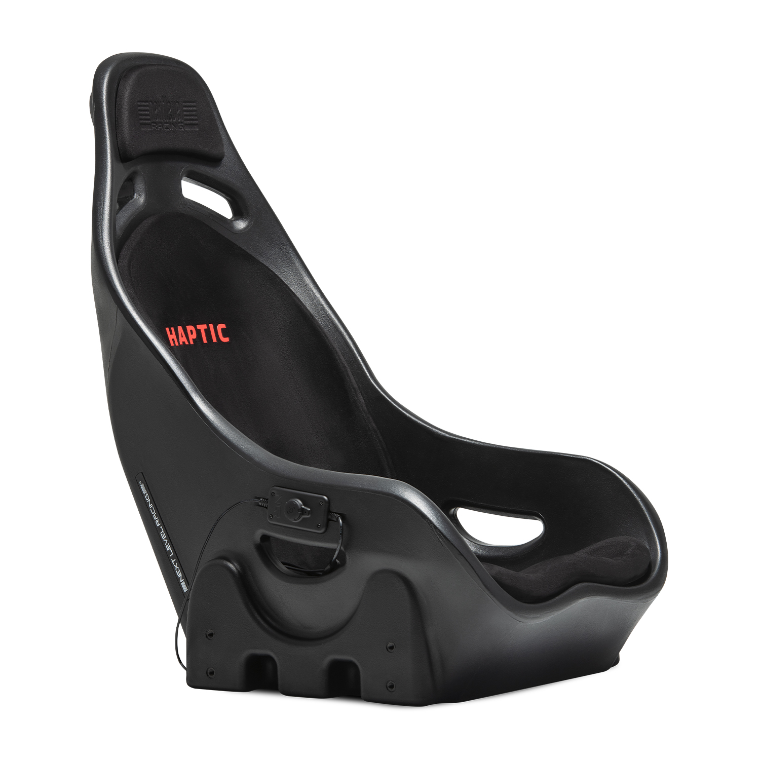 Een zwarte racestoel met rode 'Haptic'-letters op een witte achtergrond.