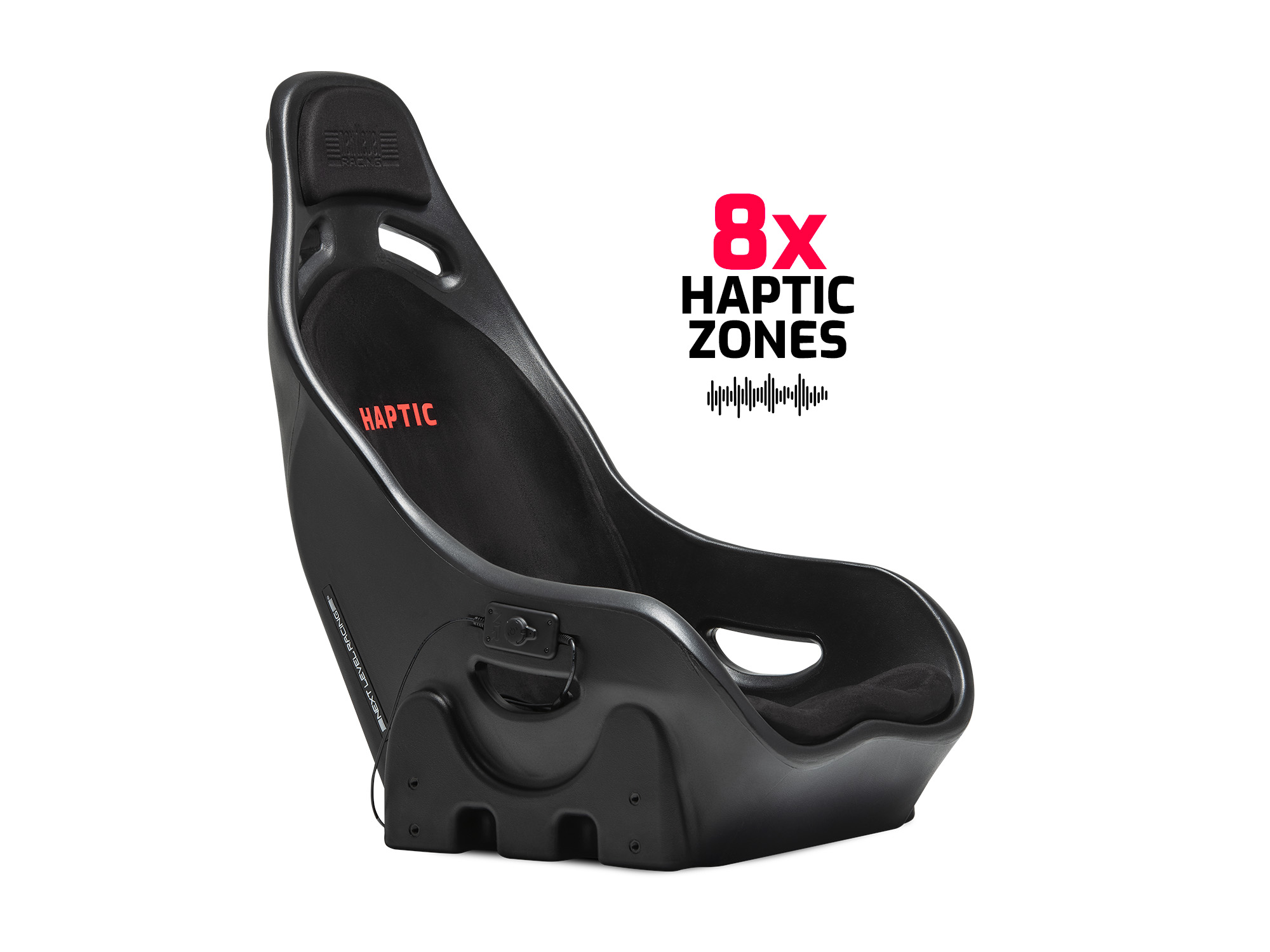 Zwart racestoeltje met "HAPTIC" tekst en "8x HAPTIC ZONES" grafiek.