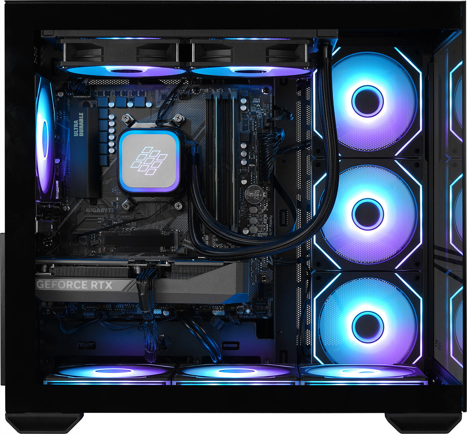 Een pc-behuizing met gekleurde ventilatoren, moederbord, CPU-koeler en grafische kaart.