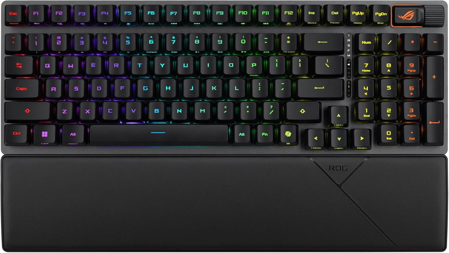 Un teclado gamer negro con iluminación RGB y reposamuñecas separado con logo ROG.