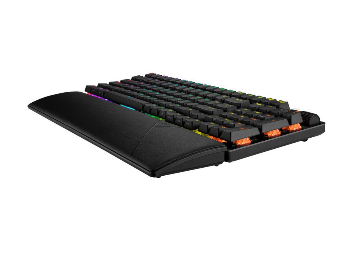 Teclado negro con iluminación RGB y reposamuñecas sobre fondo blanco.