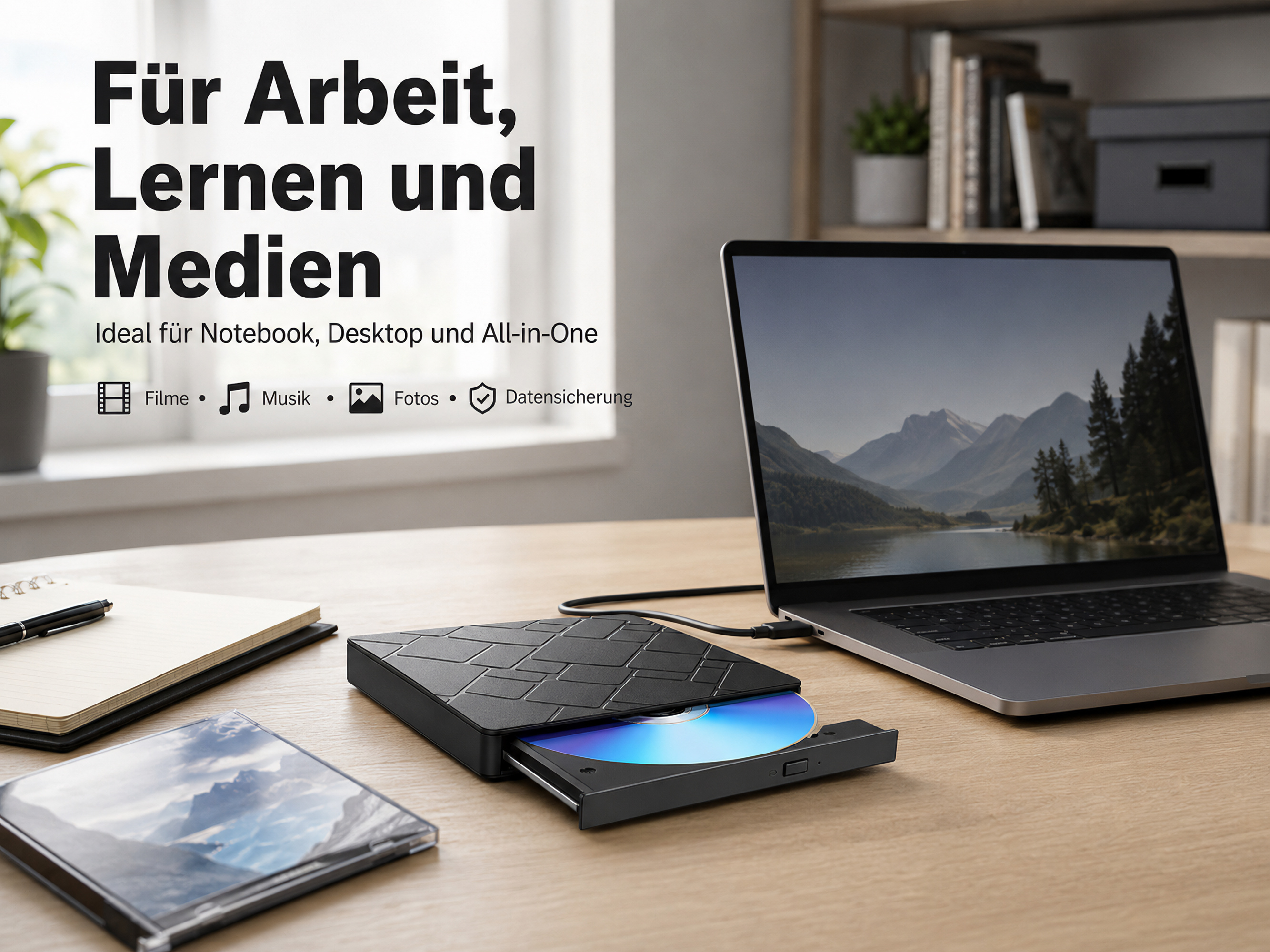 Externes CD/DVD-Laufwerk neben Laptop und CD. Für Arbeit, Lernen, Medien.