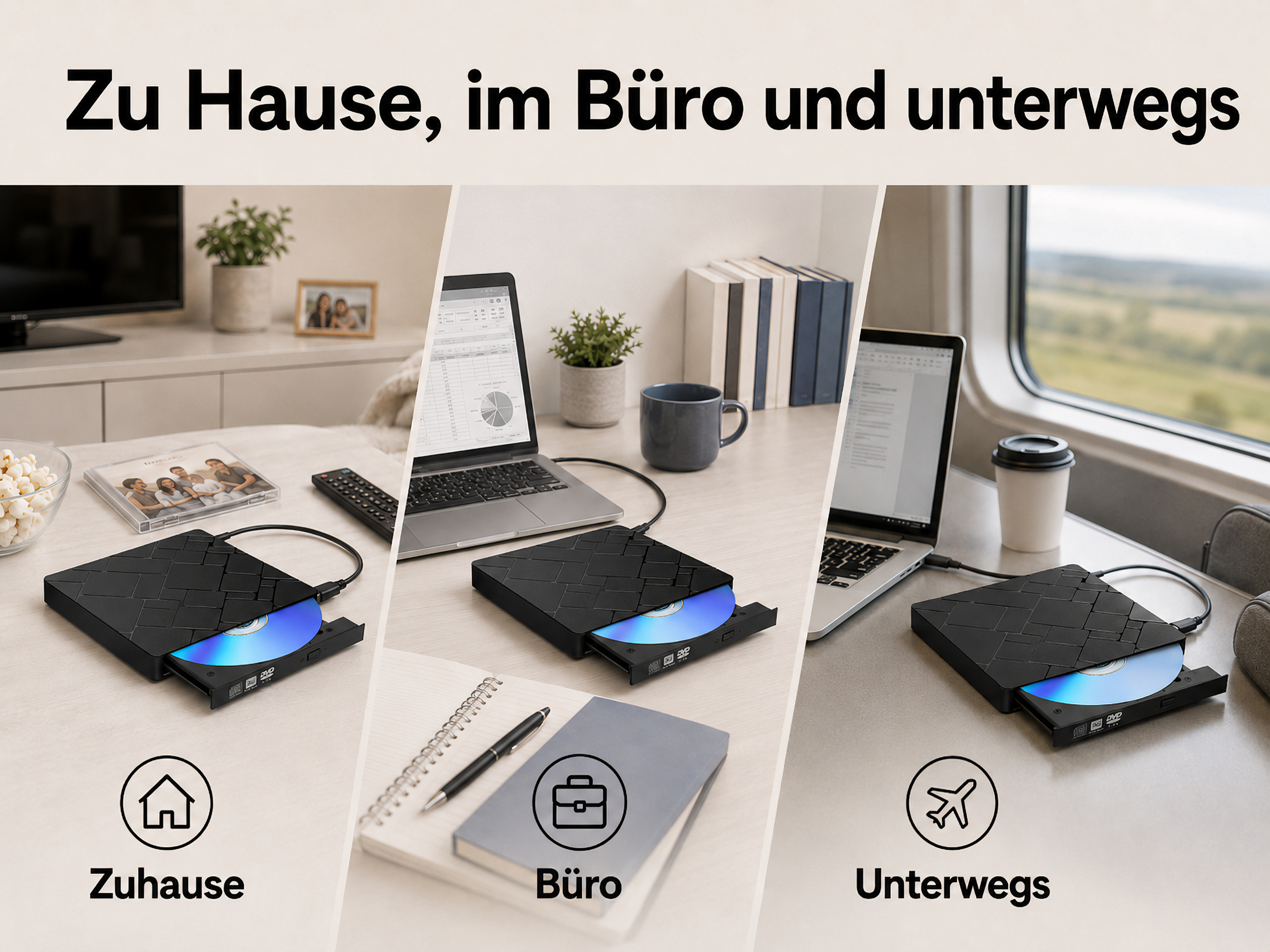 Ein externer DVD-Brenner wird zu Hause, im Büro und unterwegs gezeigt.
