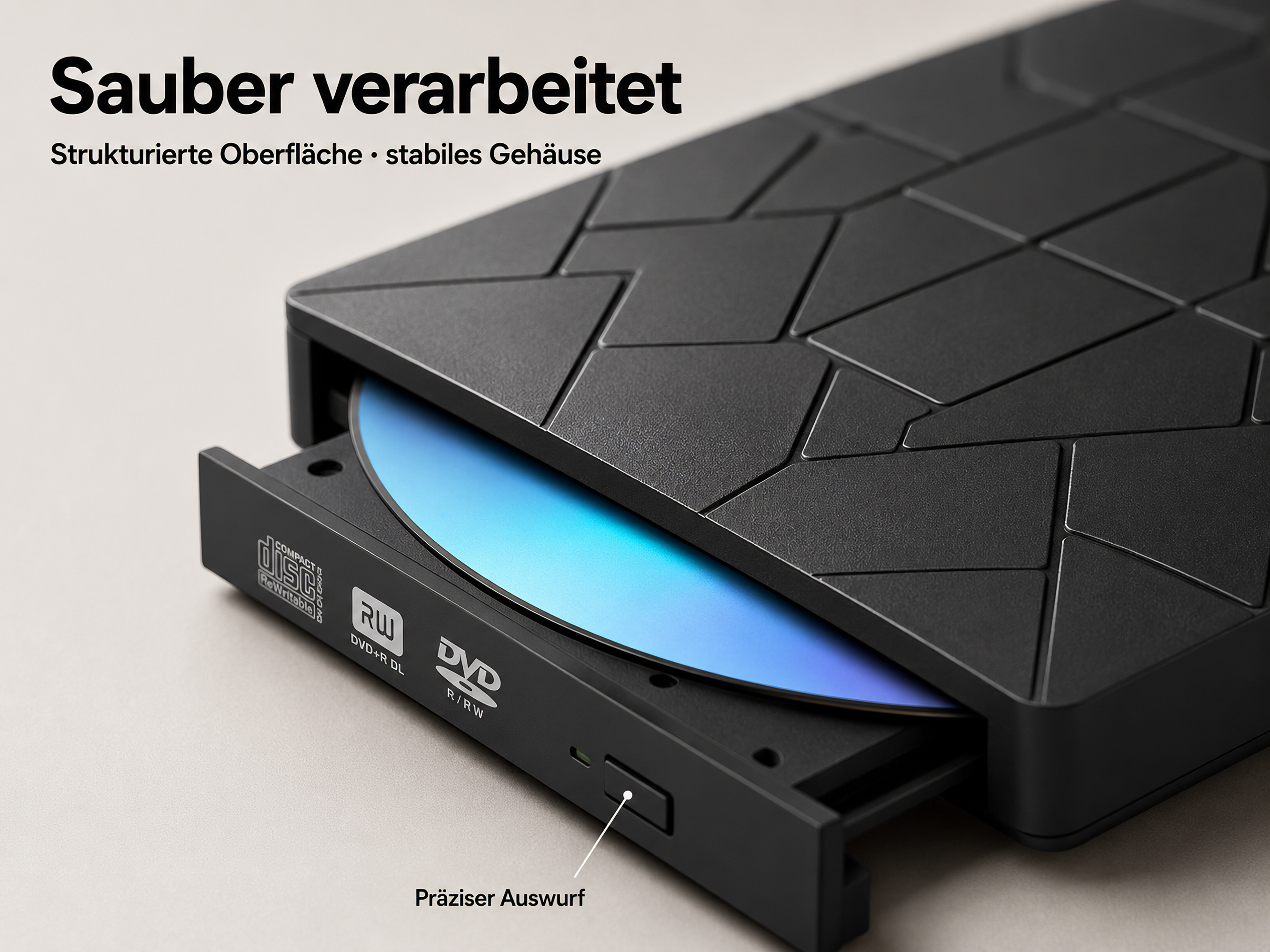 Ein schwarzes DVD-Laufwerk mit eingelegter blauer Disc und Text.
