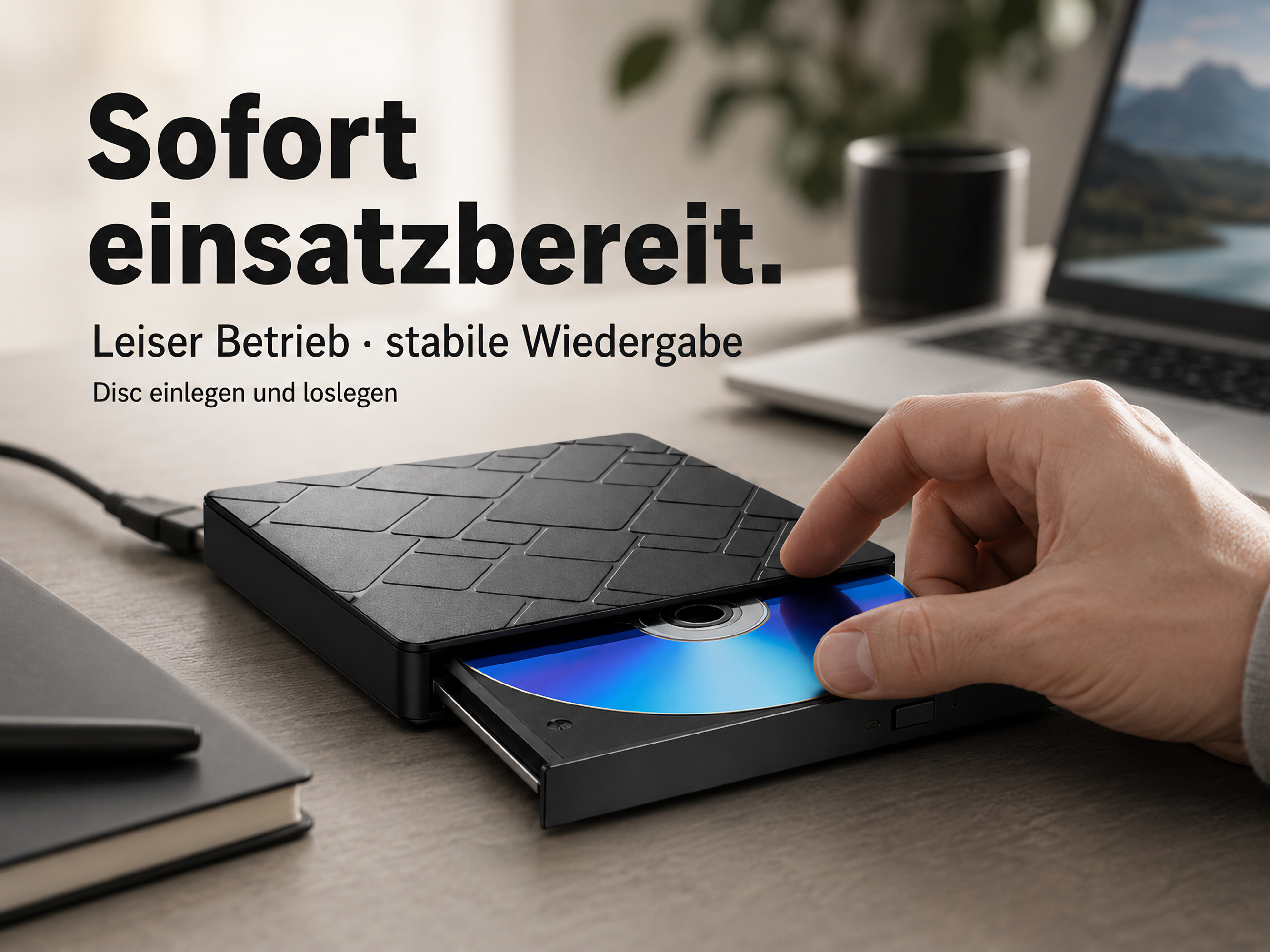 Ein Mann legt eine CD in ein externes Laufwerk auf einem Schreibtisch mit Laptop.