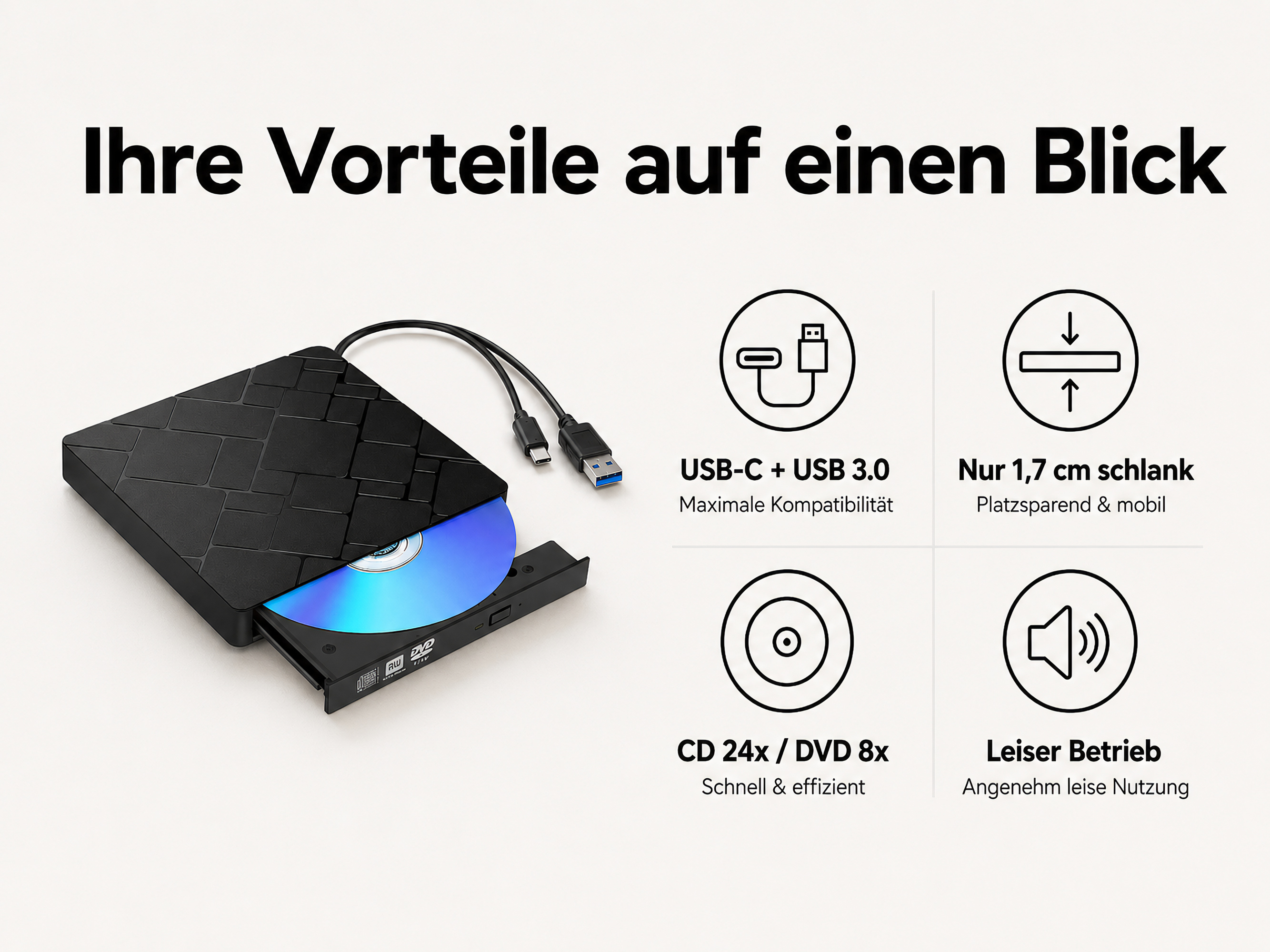 Schwarzer externer DVD-Brenner mit CD/DVD und USB-C/USB 3.0.