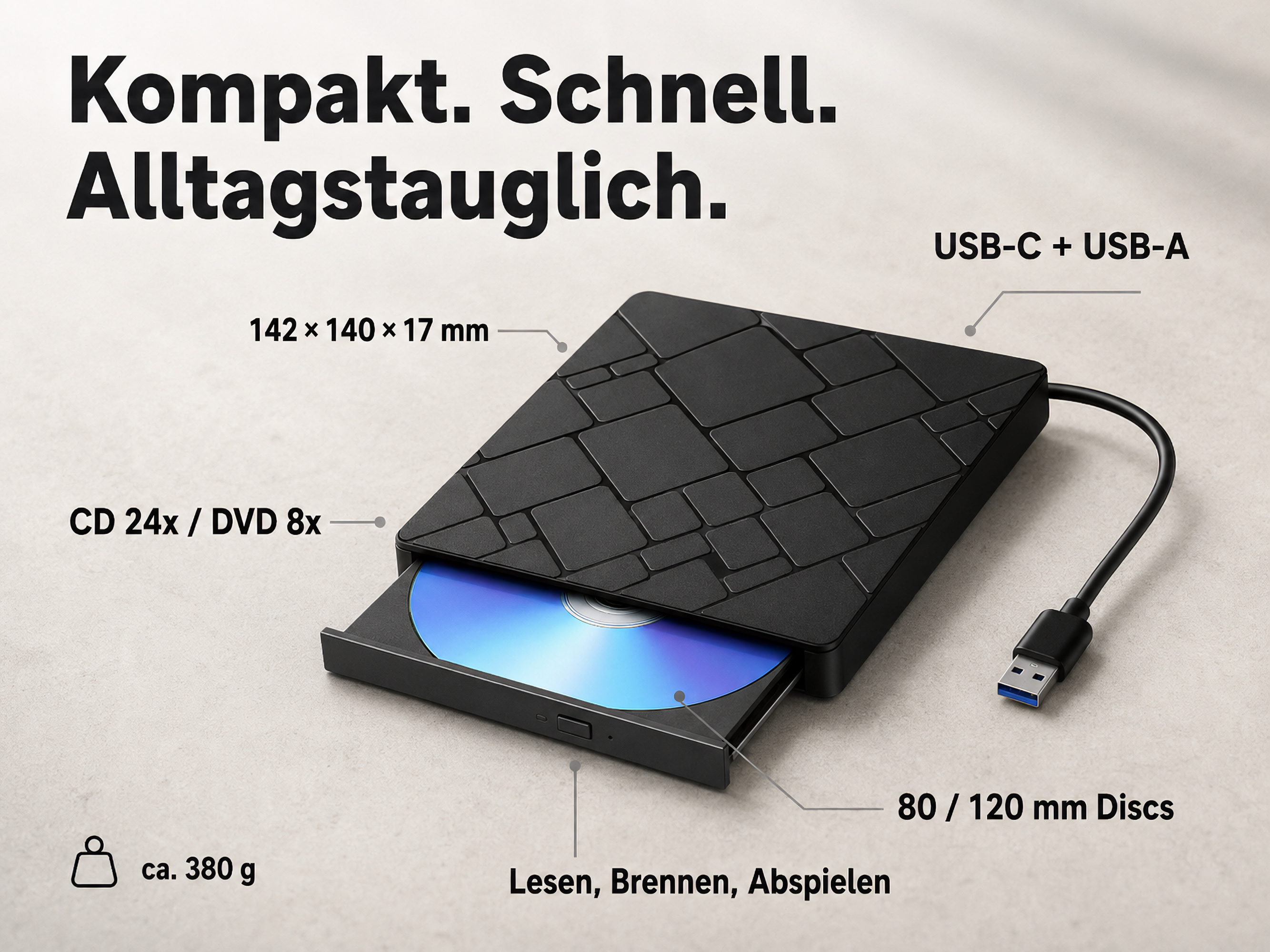 Schwarzer externer CD/DVD-Brenner mit USB-Anschluss und eingelegter Disc.