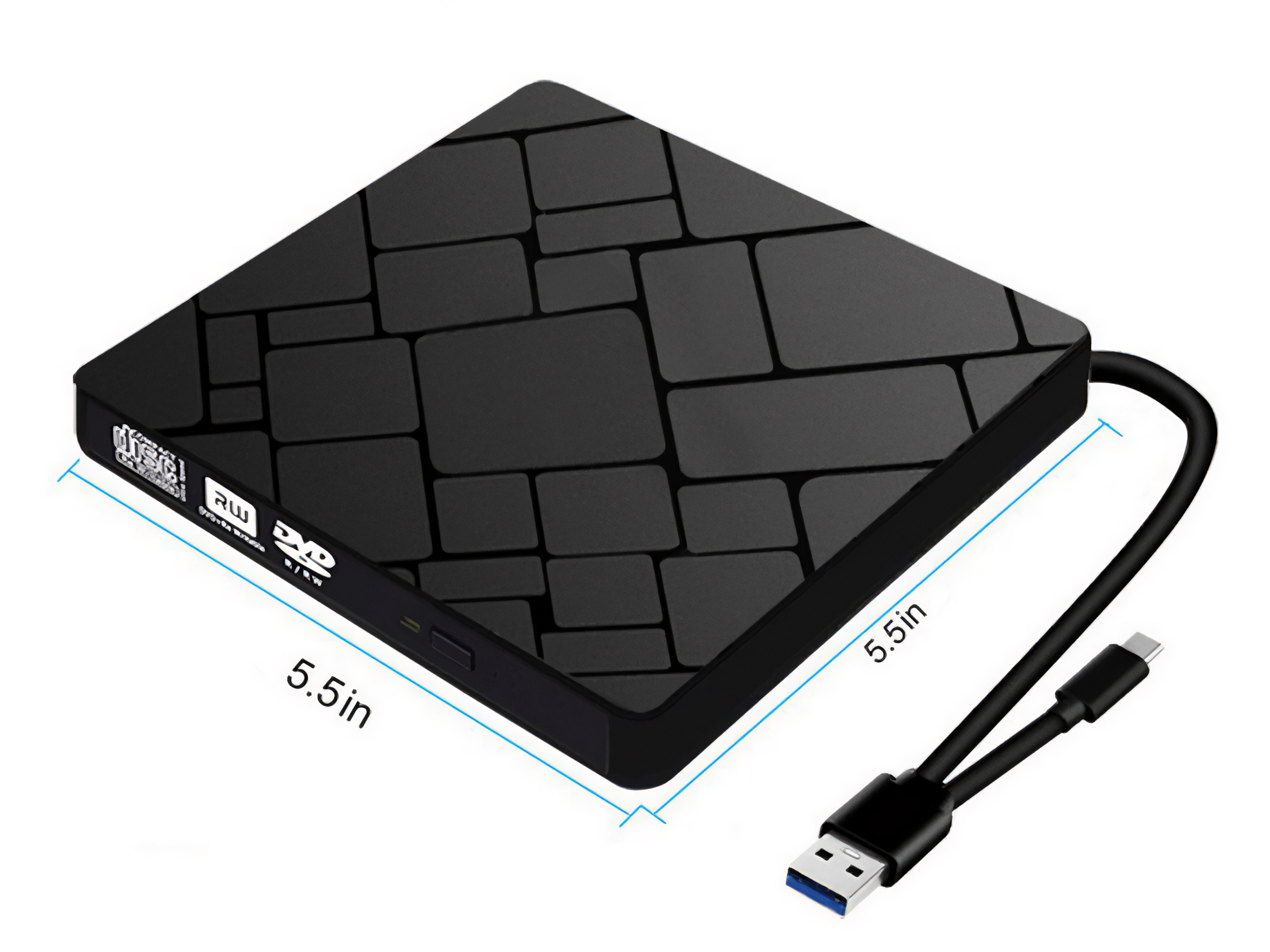 Schwarzes externes DVD-Laufwerk mit Musteroberfläche und angeschlossenem USB-Kabel, 5,5 Zoll groß.