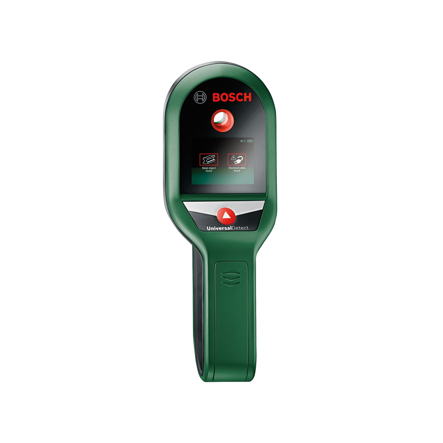 Grüner Bosch UniversalDetect Wandscanner mit Bildschirm, roter LED und schwarzem Griff auf weißem Hintergrund.